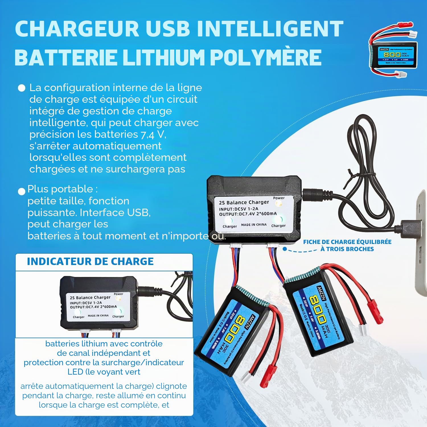 2 pièces 7,4V 2S 30C 800mAh Lipo Batterie JST Prise et Prise PH2.0 avec Chargeur 2 en 1 adapté pour véhicules SCX24 RC, Compatible avec la Plupart des camions RC et Drones télécommandés