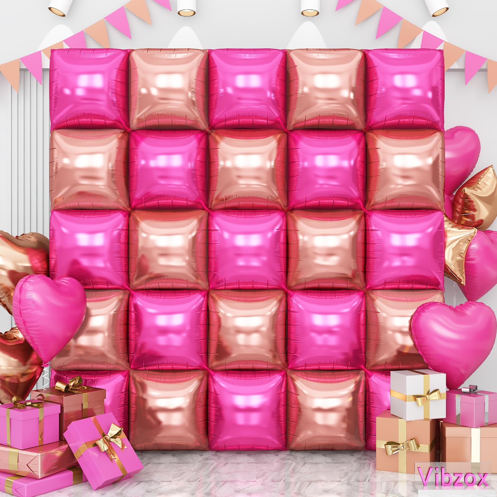 Hot Pink Rose Gold Square Foil Balloons Wall, 25PCS Double Sided Chrome Deep Pink Rose Balloons Tunnel Arch Kit Backdrop for Girls Birthday Party