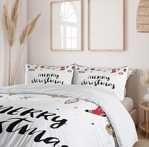 Miniatura 6 de Ambesonne Juego de funda de edredón de Navidad, palabras de Feliz Navidad, letras modernas de pincel con frase de Noel creativa, estampado