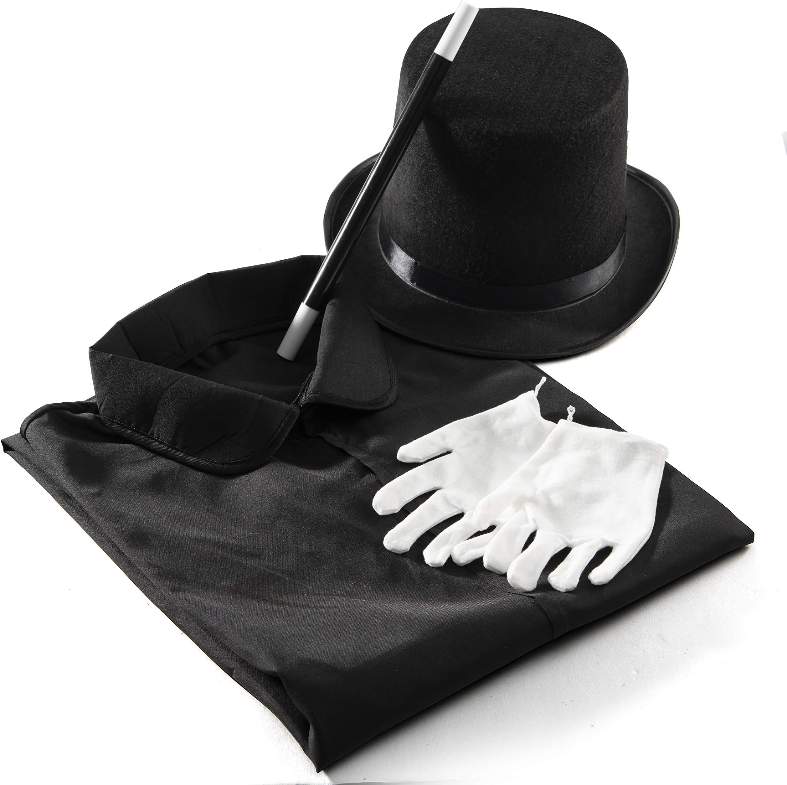 Prextex Magician Costume for Kids - Kiddie Role Play Halloween Magician Dress Up Set, Top Hat, Cape, Magic Wand and White Gloves