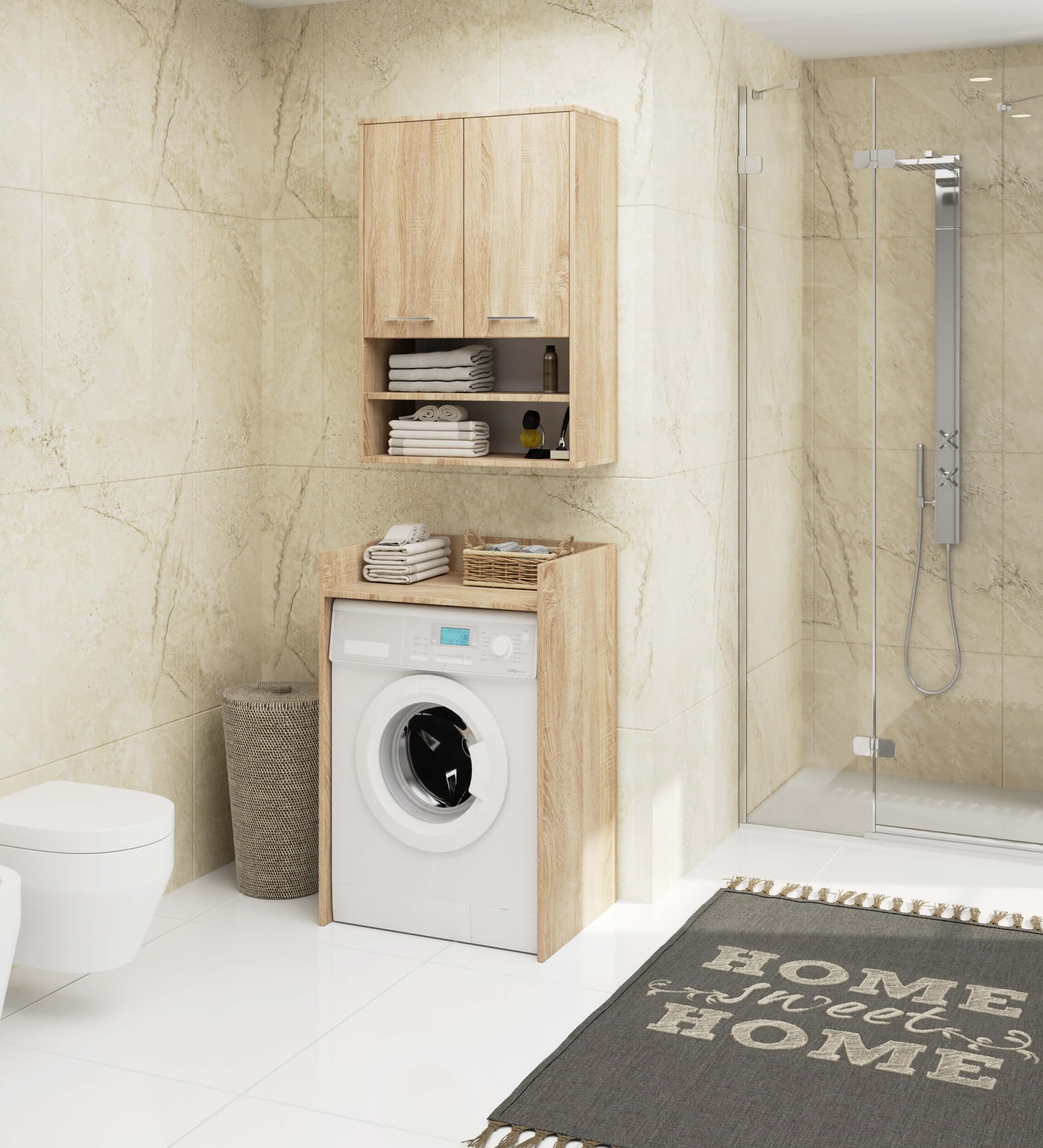 AKORD Meuble Salle de Bain Suspendu Fin 64 cm - 2 Portes, 2 Étagères 2 Compartiments Ouverts - Meuble Haut WC Meubles Suspendus - Armoire Murale Moderne 64x94x30 cm - Chêne de Sonoma