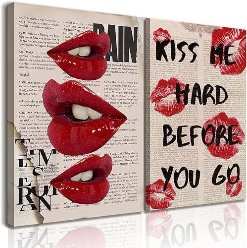 2 piezas de lienzo enmarcado, arte de pared, decoración de pared de moda preparada, pósteres de labios rojos funky, impresiones de cuadros de