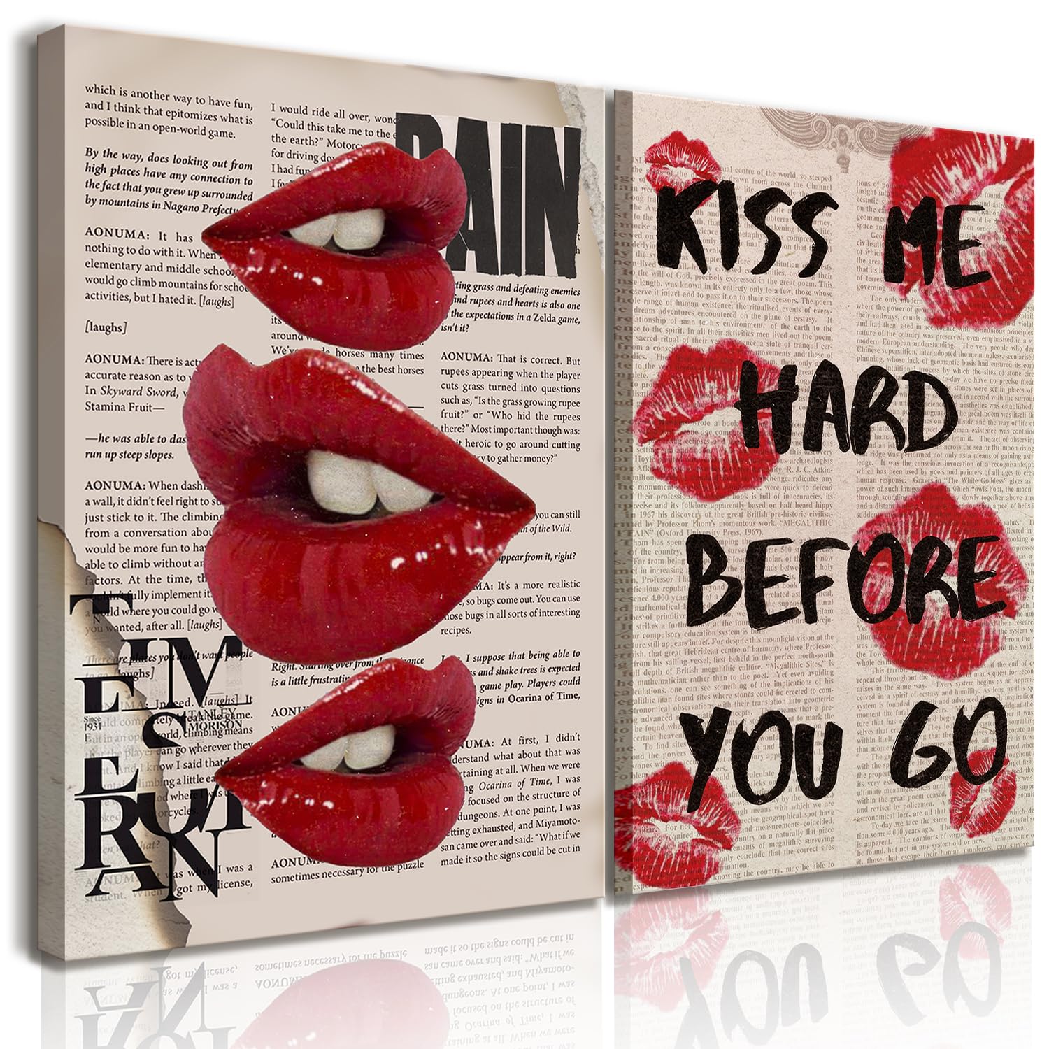 2Pcs Framed Fashion Canvas Wall Art Trendy Preppy Wall Decor Funky Red Lips Posters Retro Newspaper Picture Prints College Girls Aesthetic Room Decor