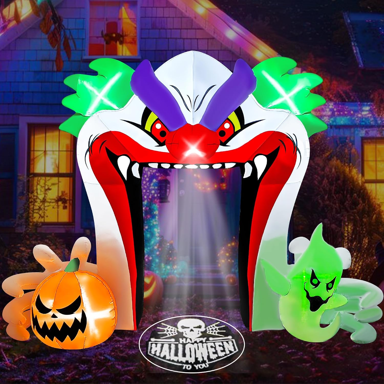 BLOWOUT FUN 10FT Giant Halloween Inflatables Clown Archway Outdoor Decorations,Archway Blow Up for Yard with Build-in LEDs & projection light,Halloween Inflatable Clown Arch Party Lawn Decor for Party