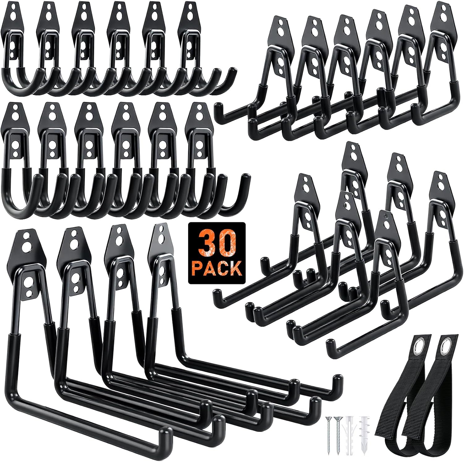 Housolution Steel Garage Hooks - 30Pack Anti-Slip Coating, Heavy Duty Wall Mount Hooks for Bikes, Garden Tools, Ladders, Hose, Bulk Items Ropes, Garage Tool Organizer with Extension Cord Wrap, Black