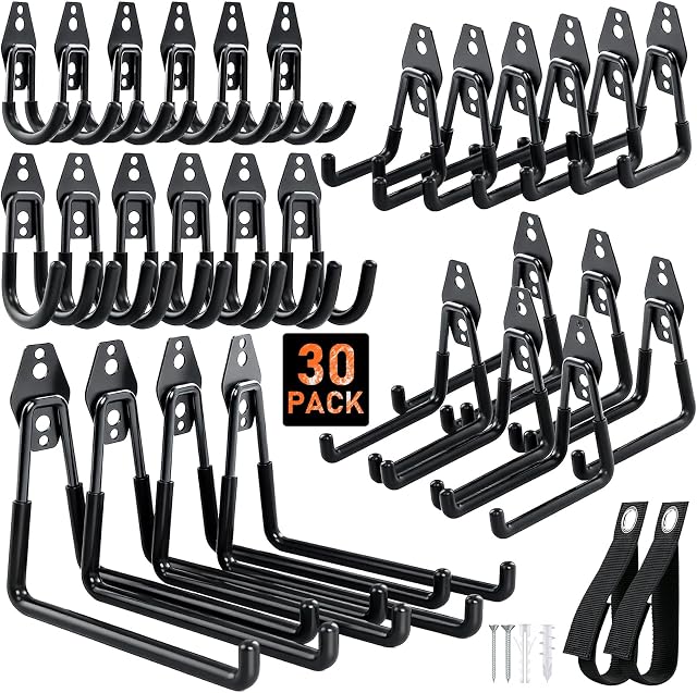 Housolution Ganci per Garage in Acciaio Nero 30 Pz Rivestimento Antiscivolo | Ganci a parete organizzatore con avvolgicavo extensibile, adatti per bici, strumenti giardino, scale, tubi e corde