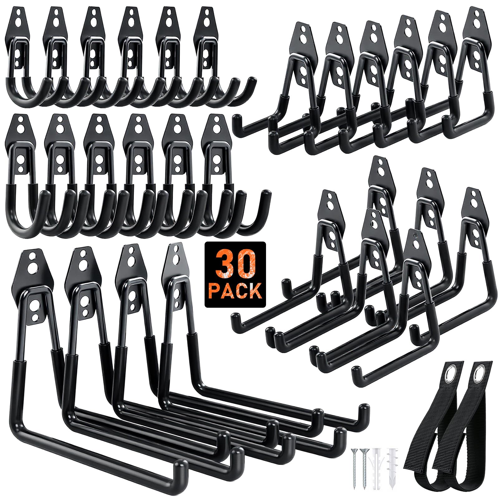 Housolution Steel Garage Hooks - 30Pack Anti-Slip Coating, Heavy Duty Wall Mount Hooks for Bikes, Garden Tools, Ladders, Hose, Bulk Items Ropes, Garage Tool Organizer with Extension Cord Wrap, Black