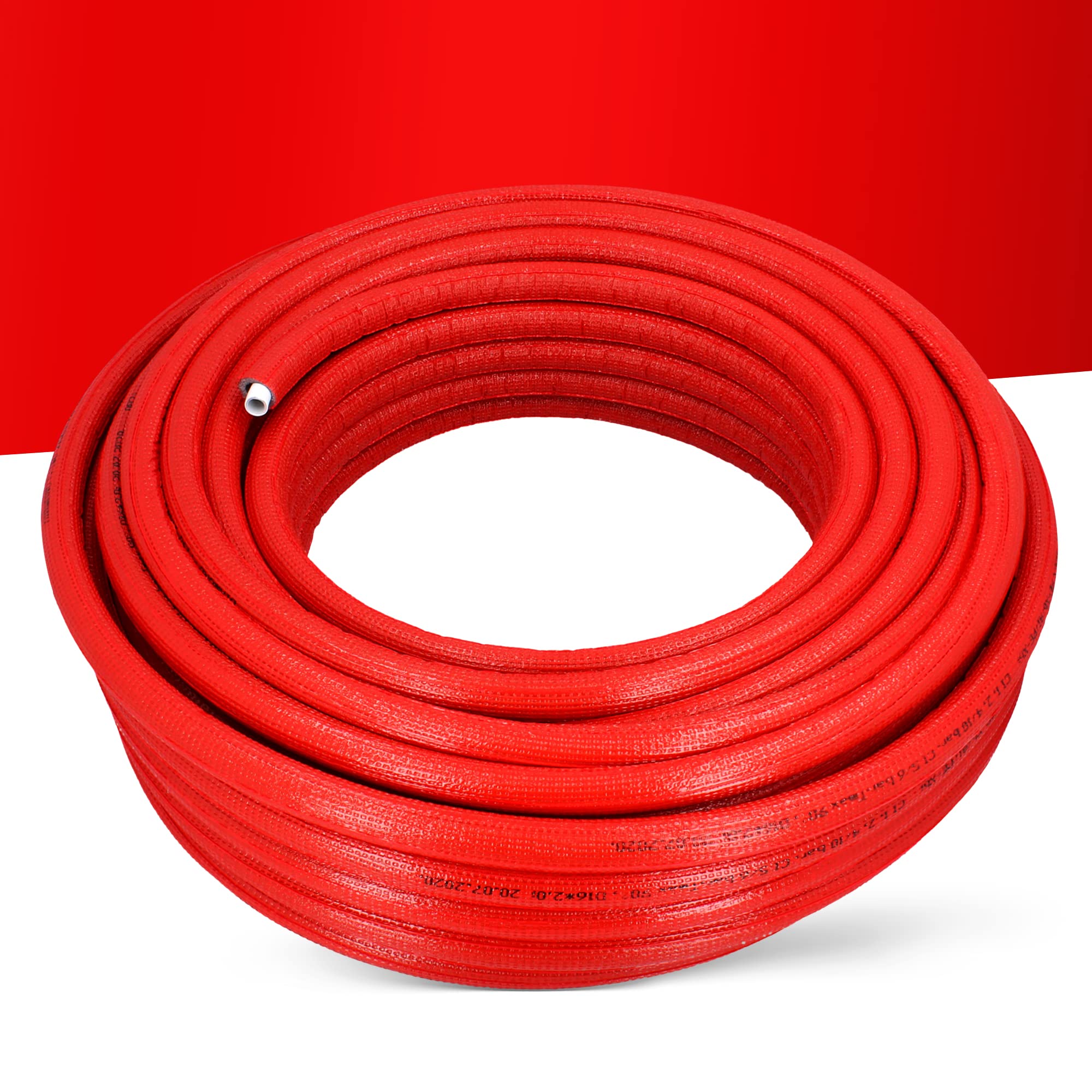 Tubo preisolato PEX/AL/PEX con rivestimento in polietilene, resistente, durevole, 16 x 2 mm, rosso, 50 m, per sistemi di riscaldamento e fornitura idrica