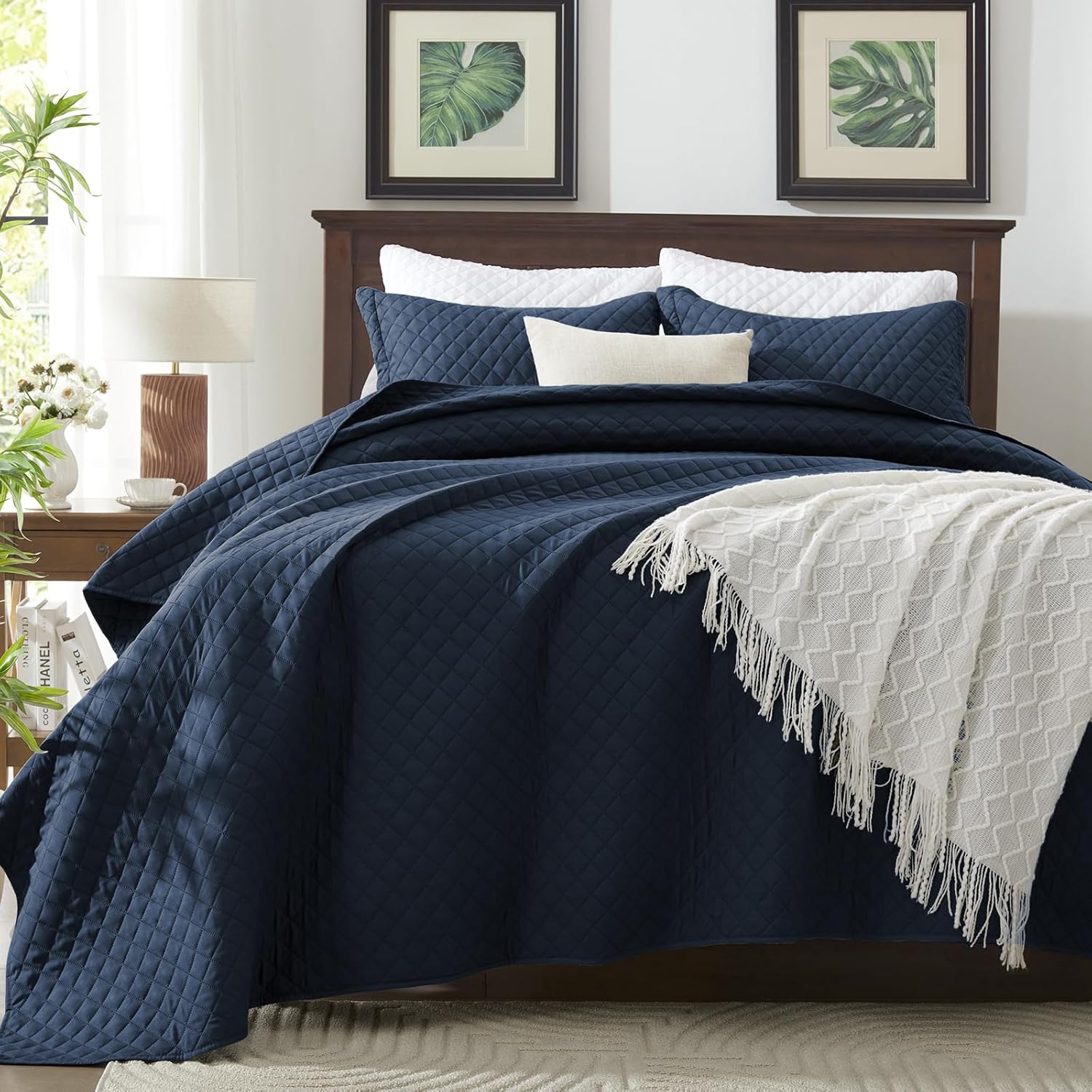 SunStyle Home Queen Quilt Bedding Set Navy, Lightweight Comforter Bedspread Blanket Full Queen Size Quilt, Durable Quilted Stitching Coverlet with 2 Pillow Shams Diamond Pattern All Seasons 3pcs - Image 3