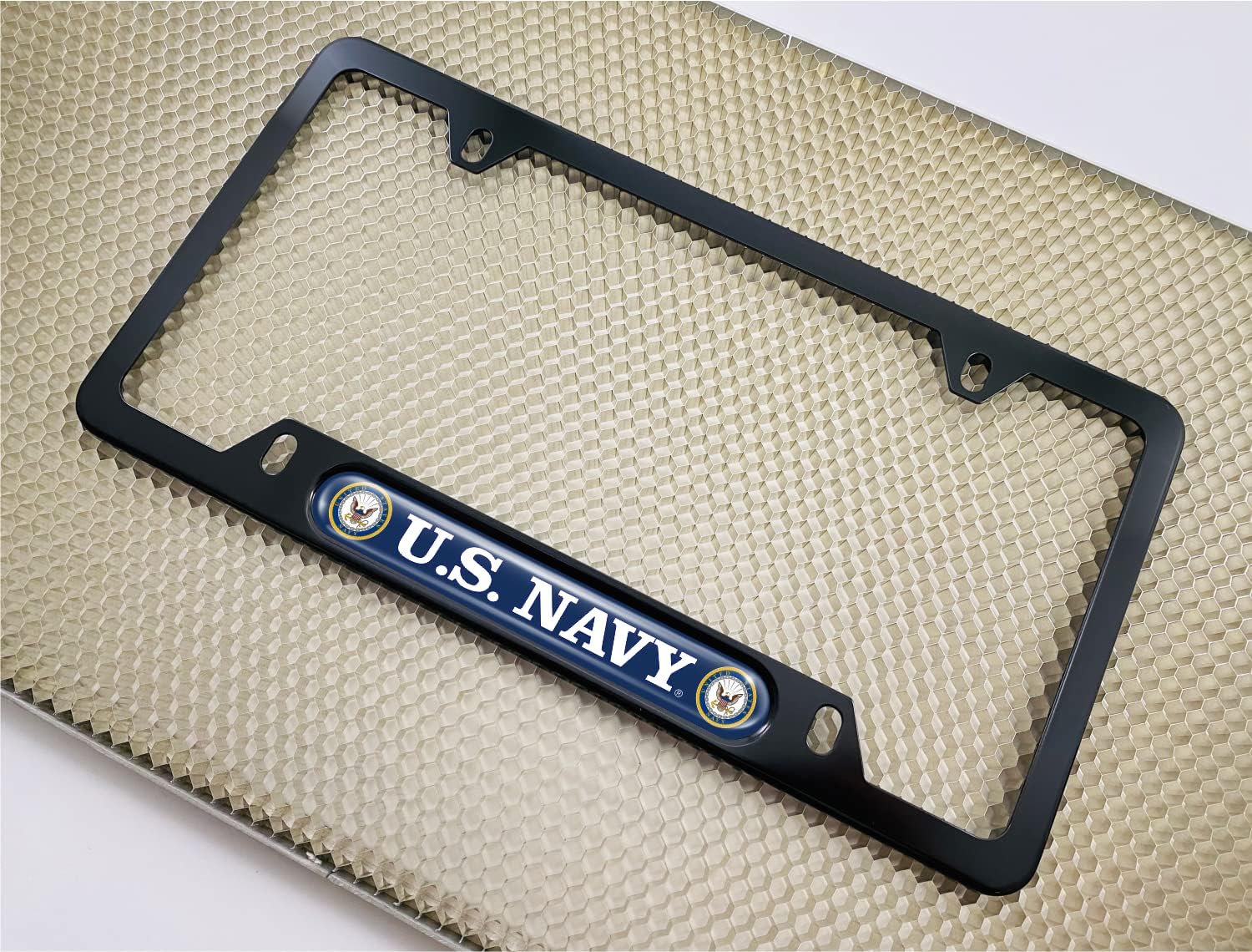 [U.S. Navy Officially Licensed Product] - USA Patriotic Anodized Aluminum Thin Top | Narrow Top Car License Plate Frame with U.S. Navy Insert with Free caps - Black