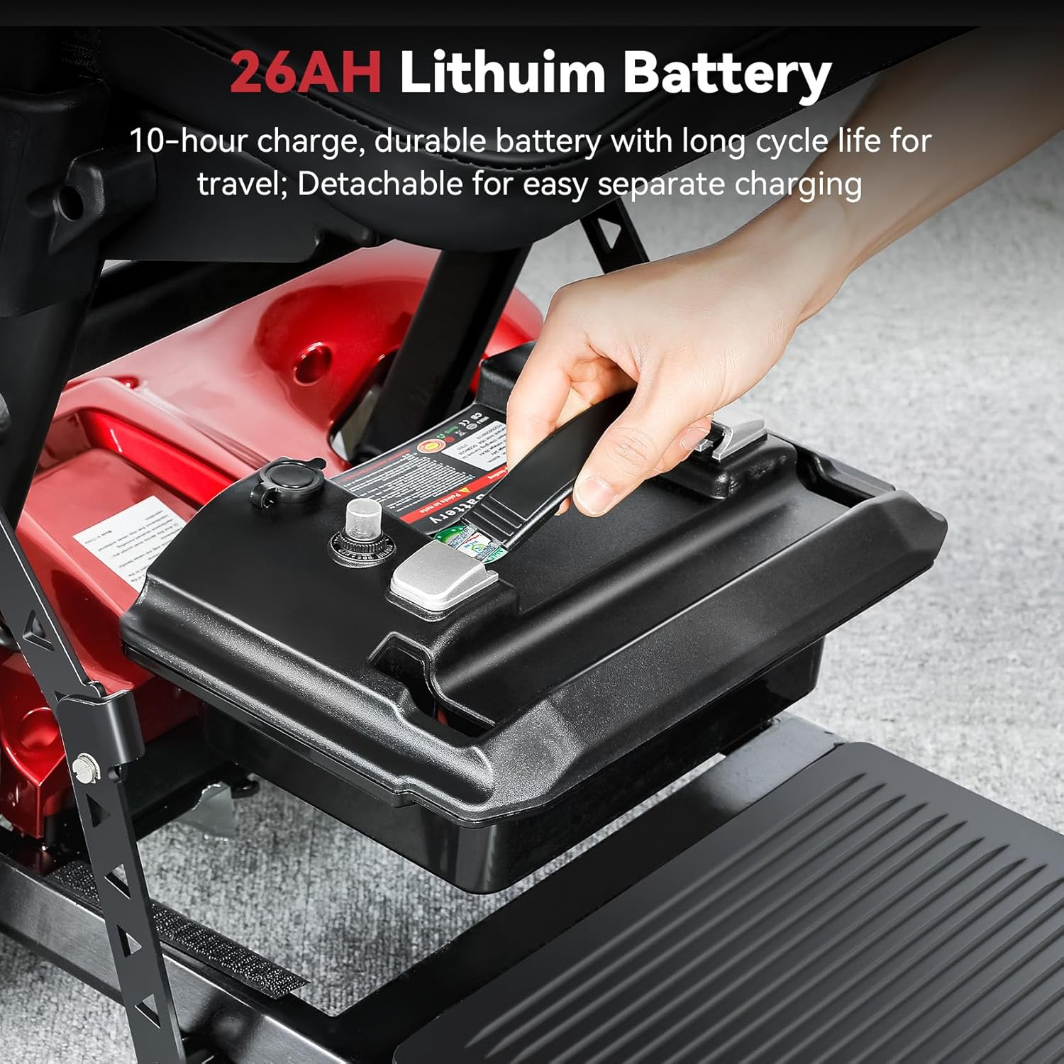 20 Miles Range Lightweight Mobility Scooter for Adults & Seniors - 47lbs Foldable 4 Wheel Travel Electric Scooter with Removable Battery, LED Lights - 300lb Capacity (Red) - Image 4