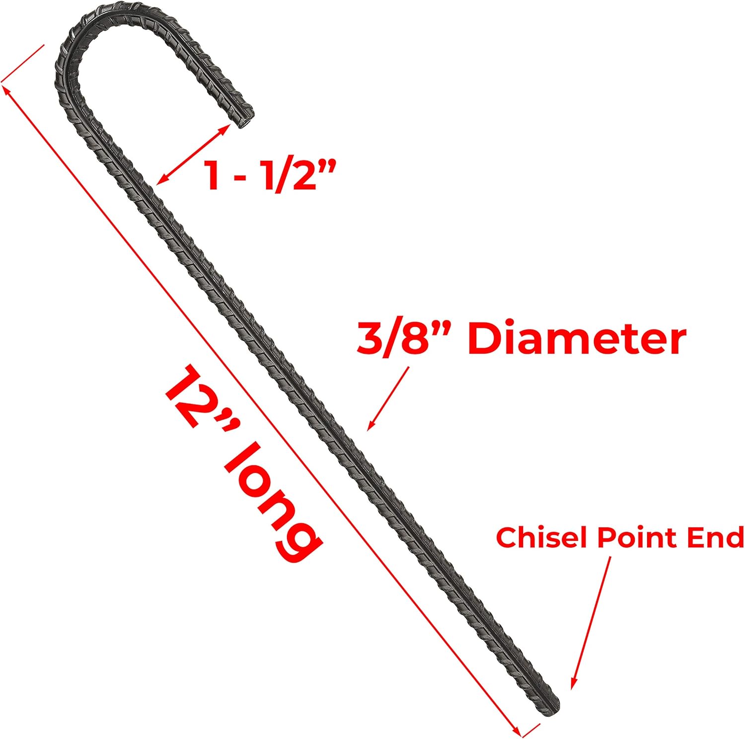 NHZ 12” Ground Rebar Stakes (16pcs) Heavy Duty J Hook Ground Anchors, Curved Steel Plant Support Garden Stake with Chisel Point end, Hammer for Camping Tent - Black Powder Coated