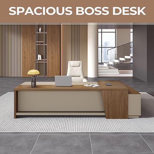 Miniatura 3 de L-Shaped Executive Desk with Shelves & Cabinets, Modern Wood Office Desk with Cable Management, Business Workstation for Home Office (Right,
