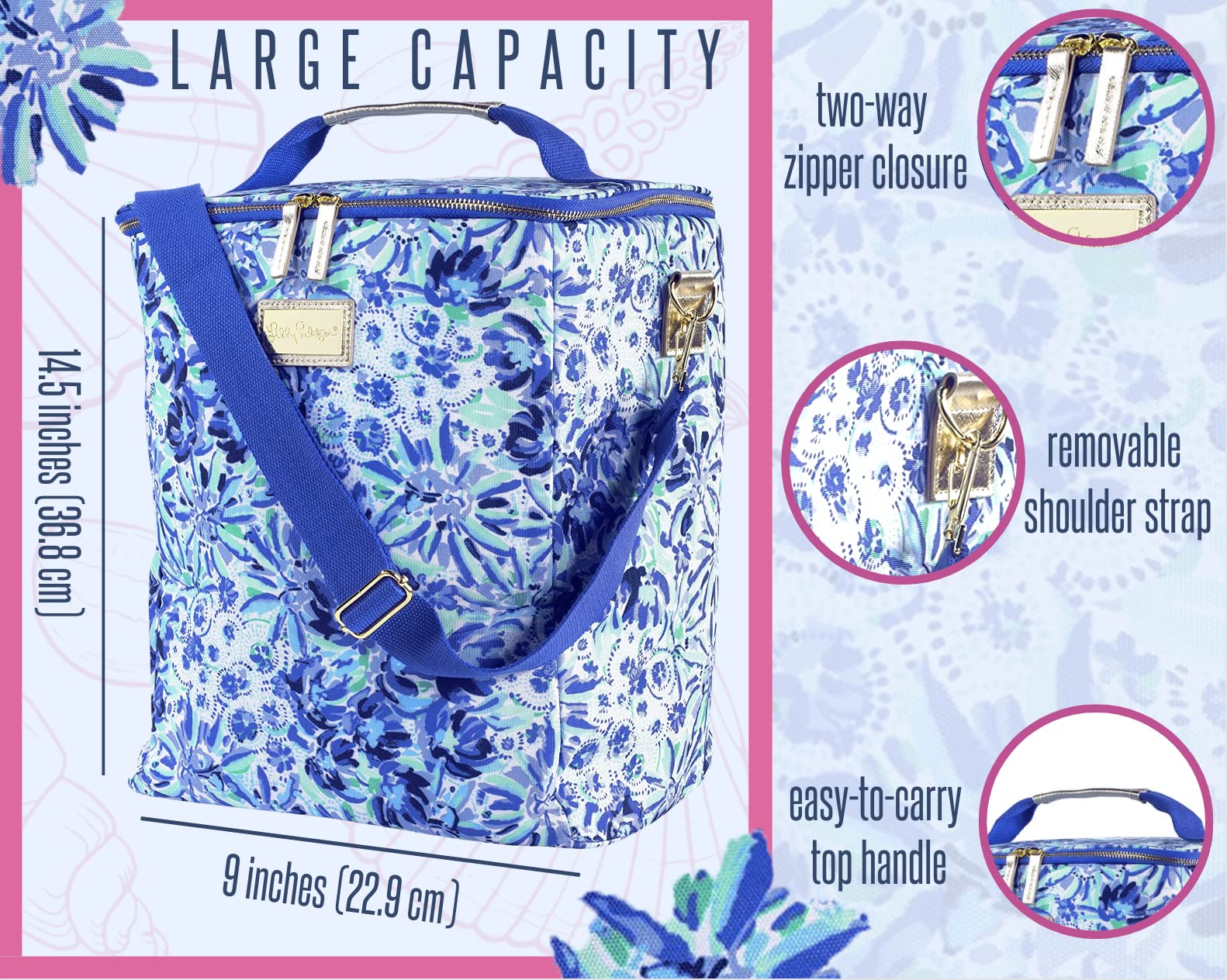 Lilly Pulitzer Blue Insulated Wine Carrier Soft Cooler with Adjustable/Removable Strap and Double Zipper Close, Holds up to 4 Bottles of Wine, High Manetenance — Amazon image 2