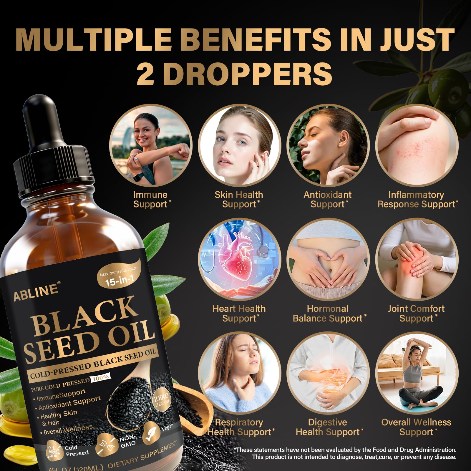 Black Seed Oil 15-in-1 Liquid Drops with Nigella Sativa, Fish Oil, Krill, Cod Liver, Algae DHA, Flaxseed, Pumpkin, MCT, Garlic, Oregano, – Omega 3 6 9 Supplement for Immune, Heart & Brain – 4 fl oz — Amazon image 2