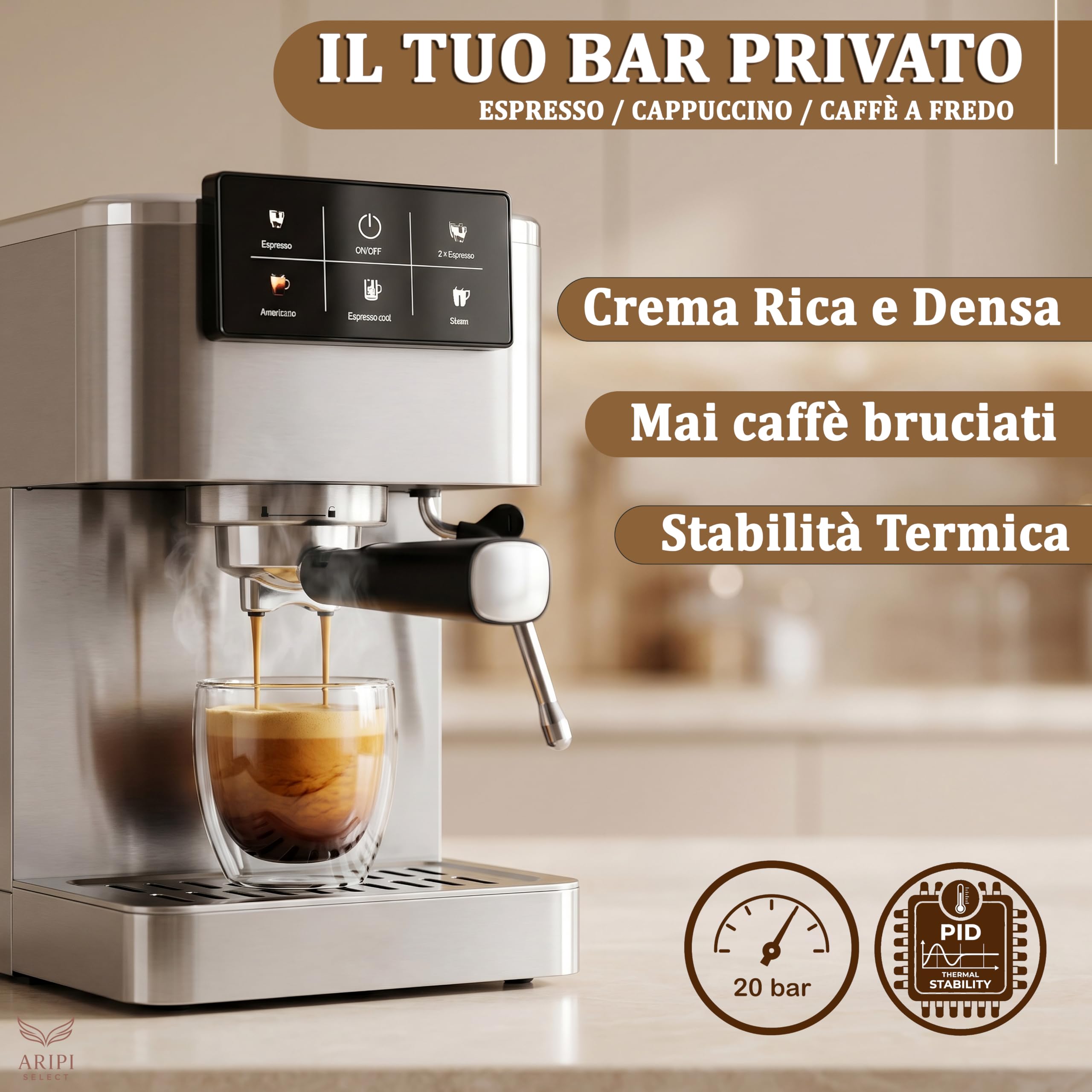 Macchina Caffè Polvere e Cialde AD 4390, Macchina Caffè Macinato da 20 Bar, Sistema Riscaldamento Rapido 20s e Controllo PID, Funzione Espresso Cool, Acciaio Inossidabile, Montalatte Integrato