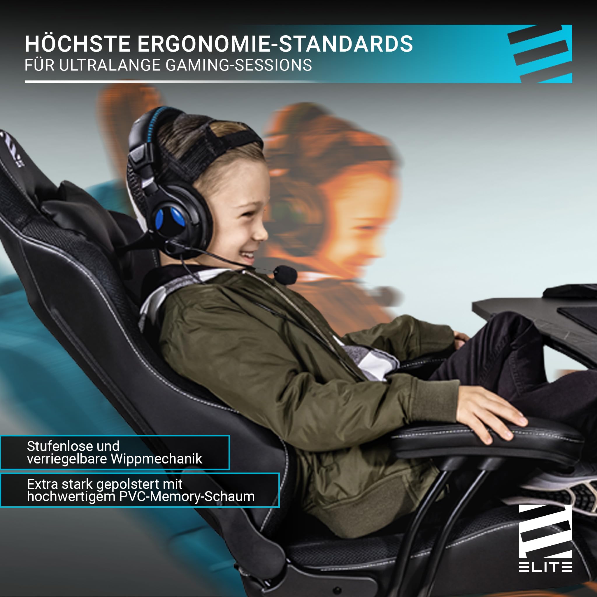 ELITE LED Gaming Stuhl Pulse für Kinder | Ergonomischer Bürostuhl - Schreibtischstuhl - Chefsessel - Sessel - Racing Gaming Stuhl - Gamingstuhl - Drehstuhl - Chair - Kunstleder (Schwarz RGB)