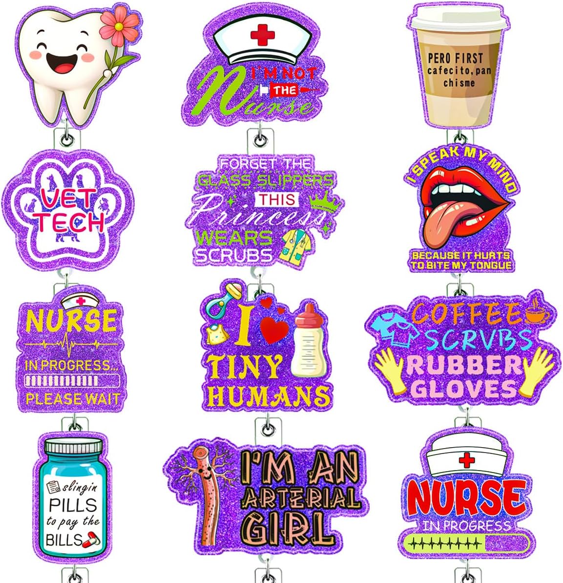 12 Pcs Purple Funny Nurse Retractable Badge Reel Accessories Bulk Cute Healthcare Nursing Badge Holder Pack Fun Dental Chill Pills Pharmacy Badge Clip RN Medical Social Worker CNA ID Tag Card