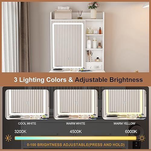 Miniatura 3 de Escritorio de tocador para adolescentes con espejo y luces, juego de mesa de maquillaje pequeño con cajón, taburete, compartimento oculto, estante