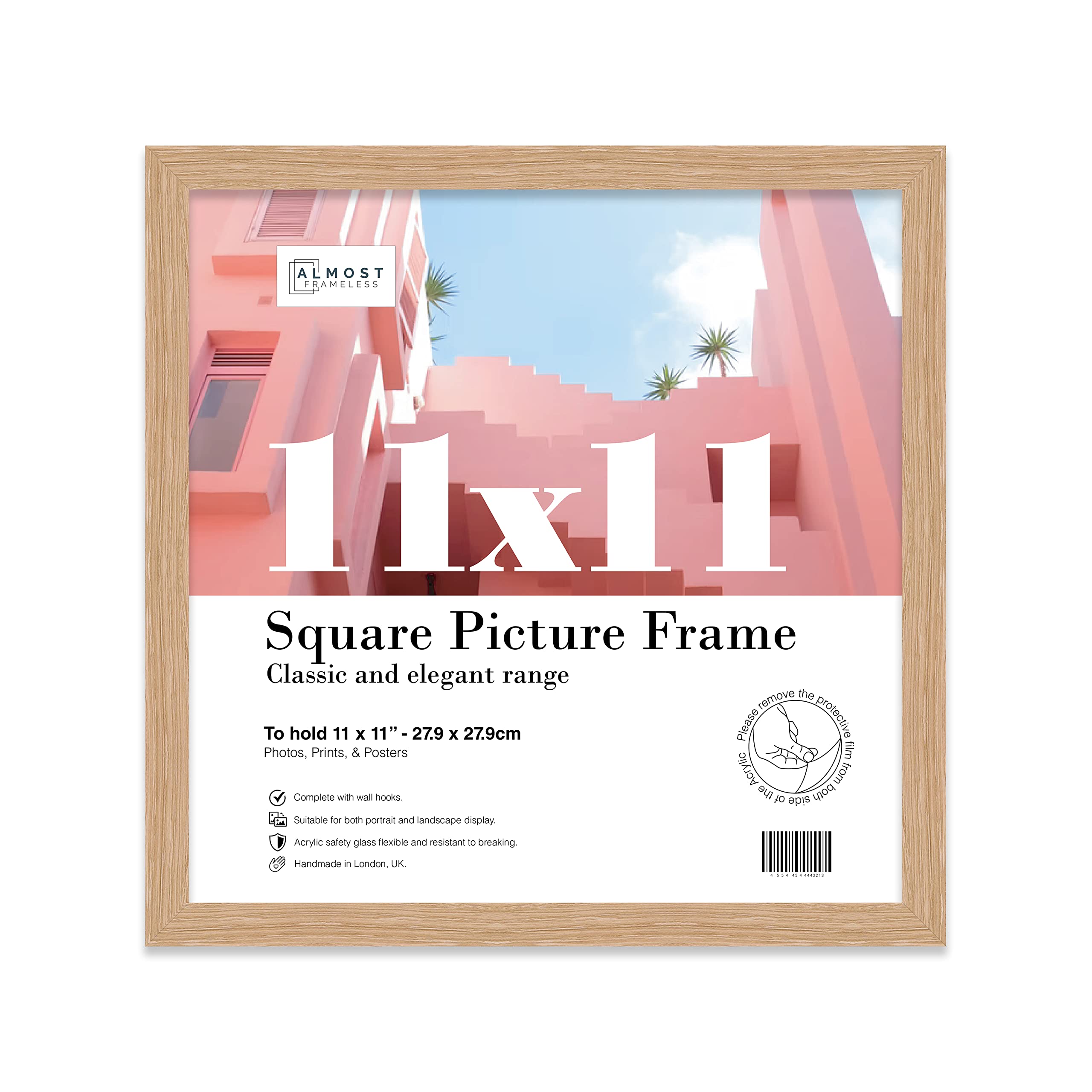 Almost Frameless 11x11 Oak Picture Frame 11"x11"(27.9x27.9cm) Poster, Photo, Artwork, or Print. Thin Edge Slim Frame Portrait and Landscape Display with Wall Hooks