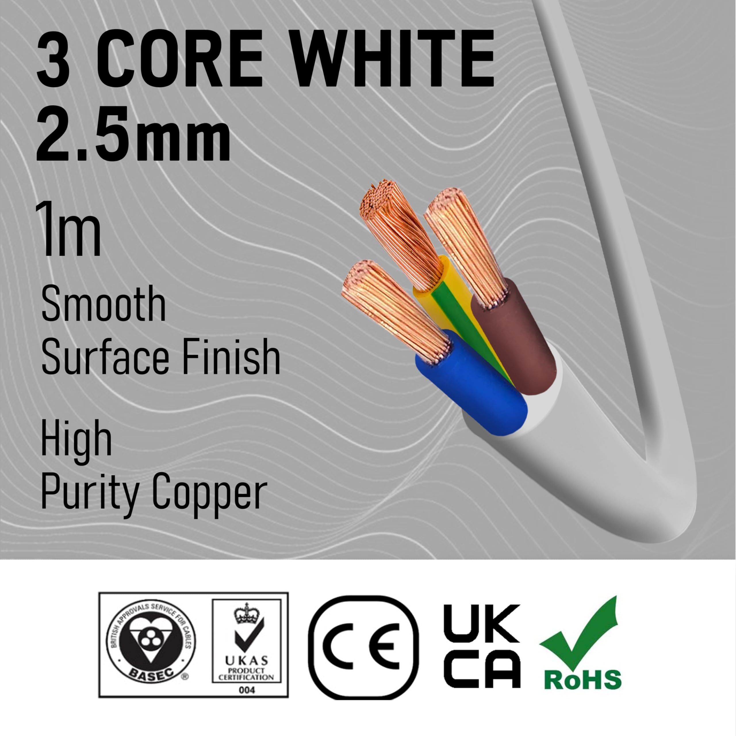 3 Core White 3183Y Flexible PVC Electrical Mains Cable BASEC Approved, 2.5mm(1 Meter), 1 Metre - Image 2