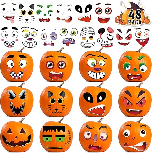 Paquete de 48 calcomanías decorativas de calabaza de Halloween, mini calcomanías de cara de calabaza para niños, calcomanías pequeñas de calabaza