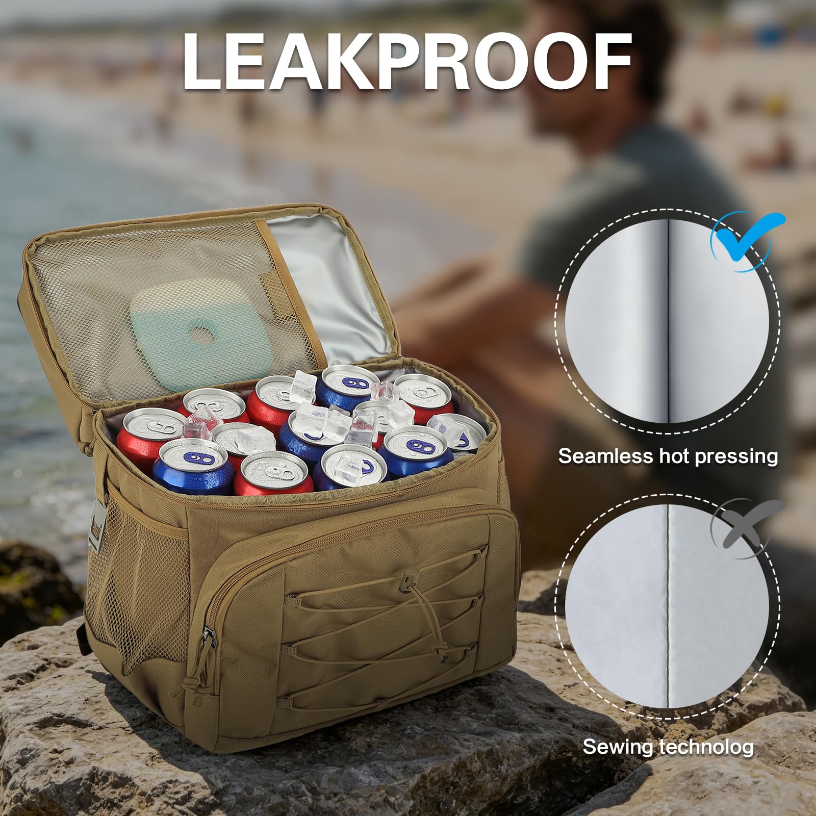 Mochila Nevera Táctica 20L Mochila Termica Pequeña con doble compartimento para hombre y Mujeres Prueba de Fugas Bolsas Isotermica para Trabajo , Playa, Picnics, Campingaz, Marrón