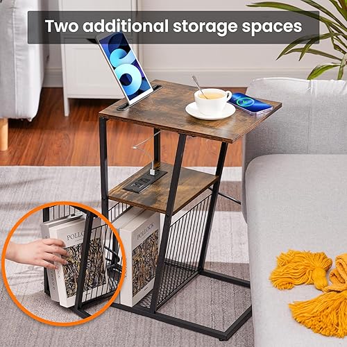 Miniatura 5 de Heybly HET001CSG2 - Juego de 2 mesas auxiliares en forma de C con estación de carga, soporte para teléfono, 2 puertos USB y tomas de corriente,