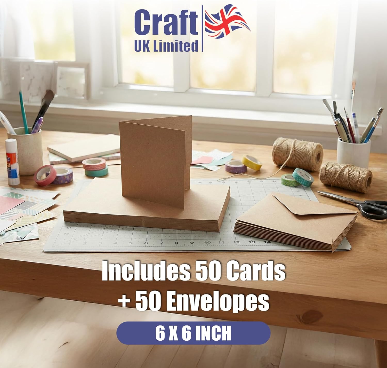 Craft UK 2047 6 x 6 inch Kraft Card and Envelope pack of 50 - Brown