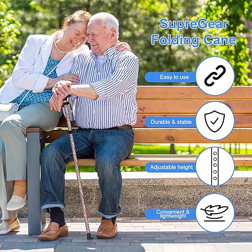 Miniatura 6 de SupreGear Bastón plegable, de viaje, portátil, 5 niveles de altura ajustable, ligero, con correa para la muñeca y mango en T, para personas mayores,