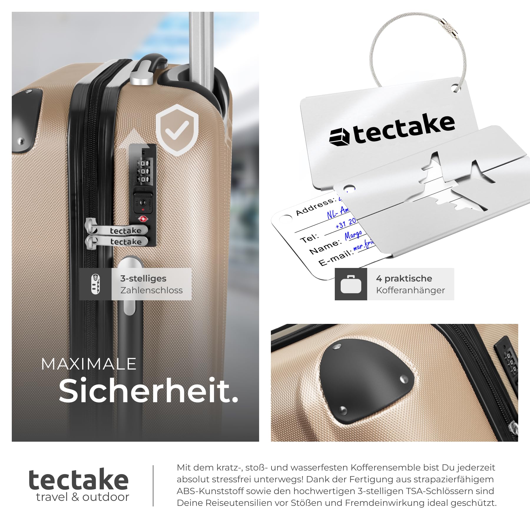 TecTake® Hartschalenkoffer-Set, 19-teilig, ABS-Hartschale, mit TSA-Schloss, 360° Rollen, Packwürfeln, Kofferwaage, Gepäckanhänger, Beautycase, Kulturbeutel, Teleskopgriff - Champagner