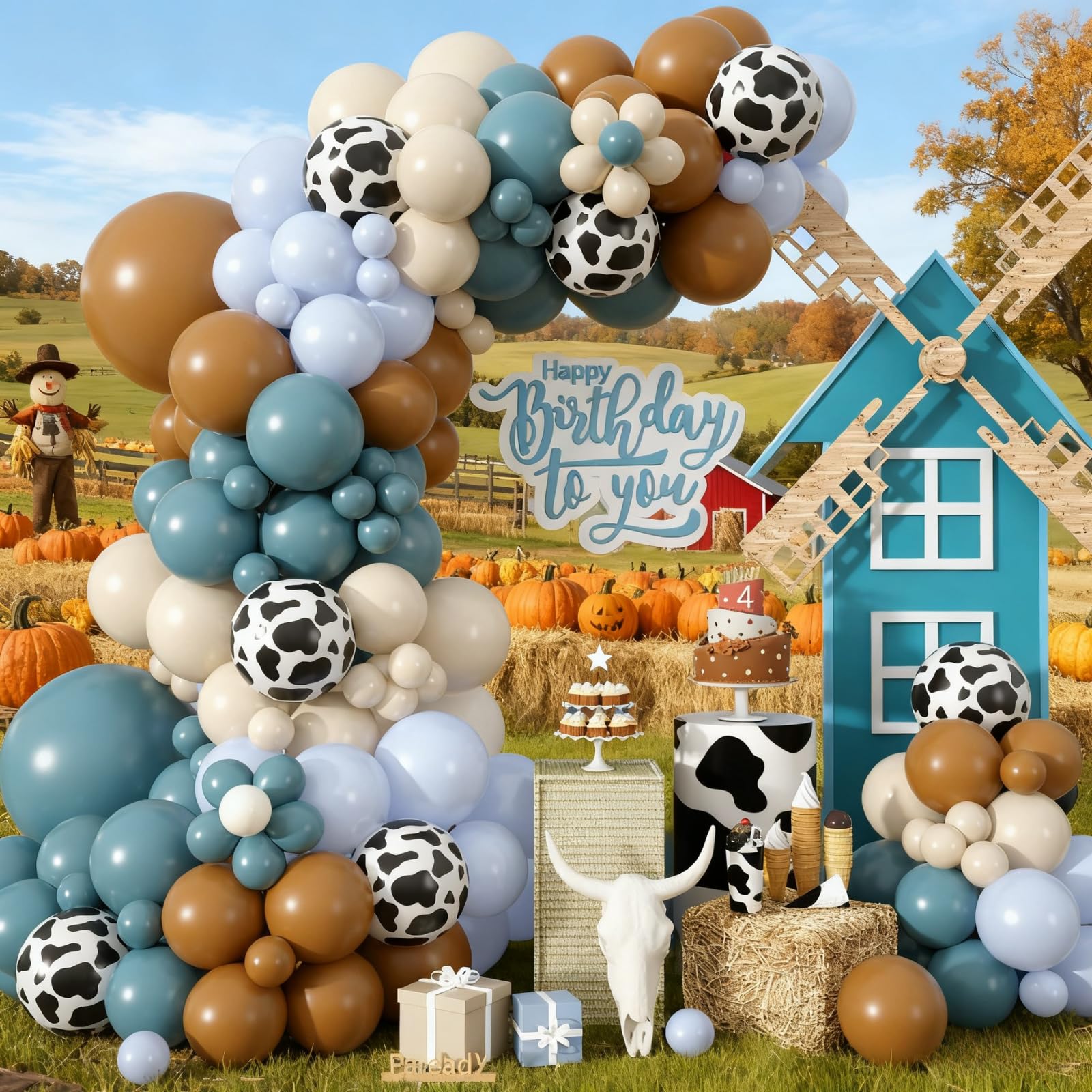 Paready Cow Balloon Arch, 120 Pcs Blue Cowboy Balloon Arch Garland, 18/12/10/5 Inch Light Sea Blue Sand White Brown Cow Print Balloons for Western