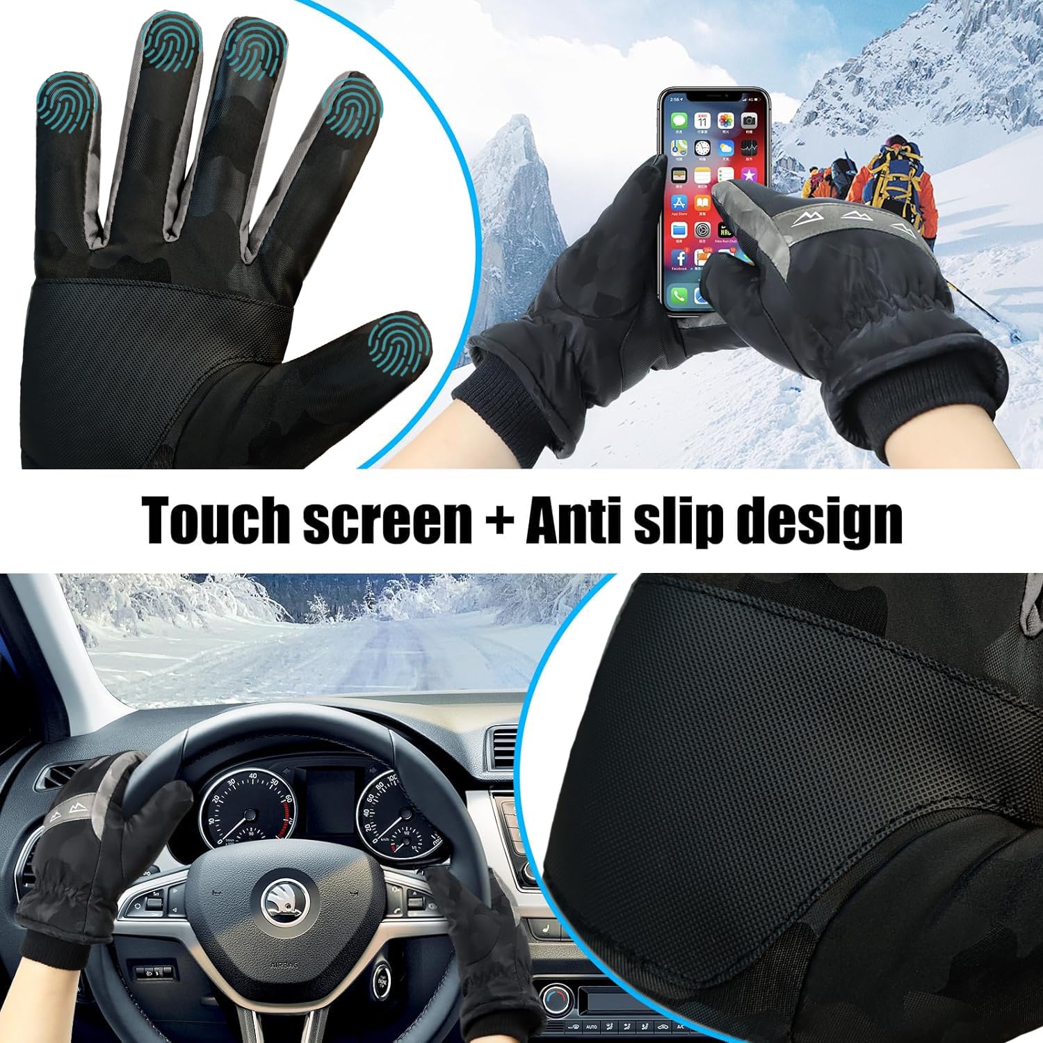 WUEAOA Guanti invernali uomo, guanti impermeabili, guanti touch screen con pile spesso, Adatto per spalare la neve, andare in bicicletta, guidare, fare escursioni, sciare, portare a spasso i cani