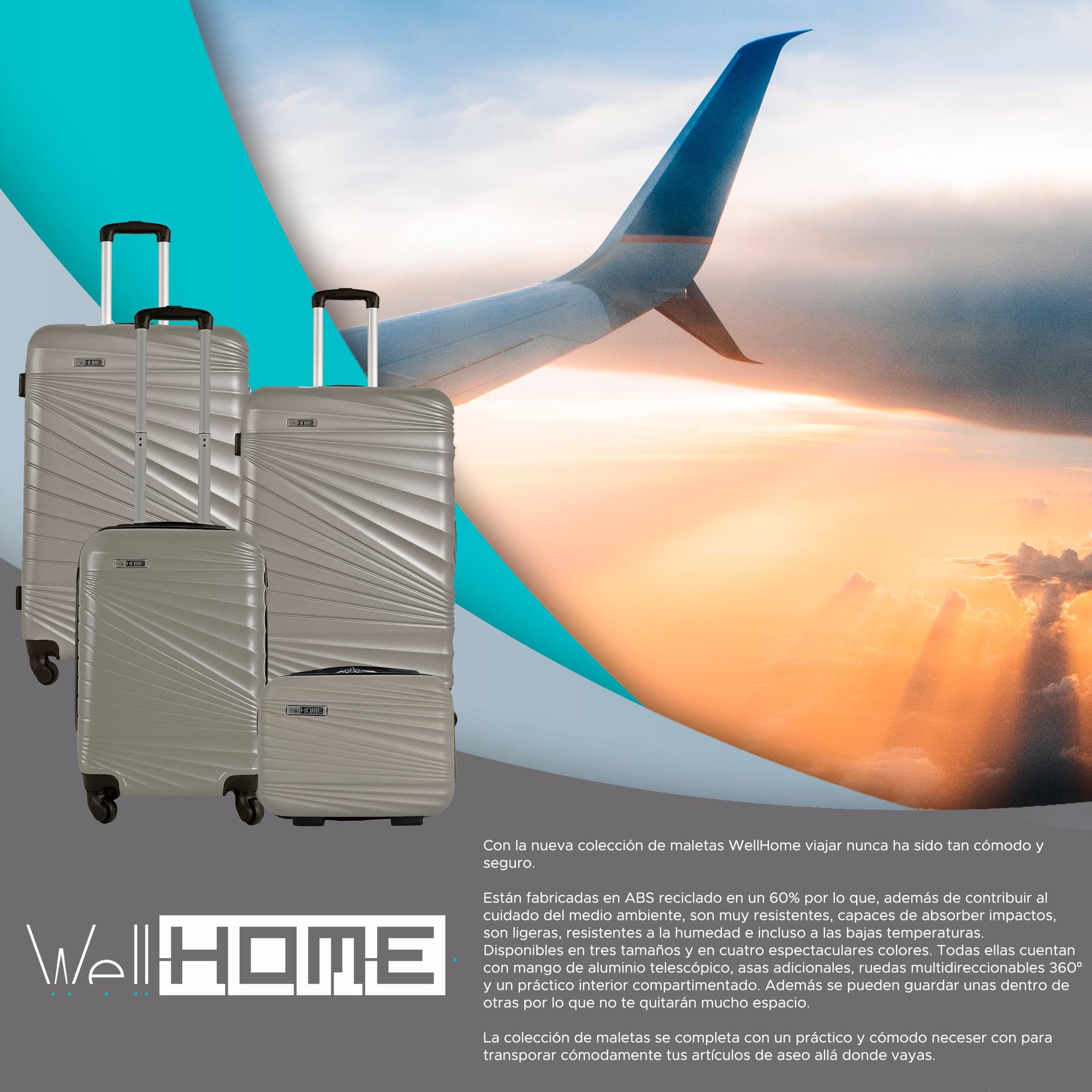 WELL HOME MOBILIARIO & DECORACIÓN Set di 3 valigie ABS rigide in argento nudo metallizzato, Argento Nudo, Set di valigie rigide