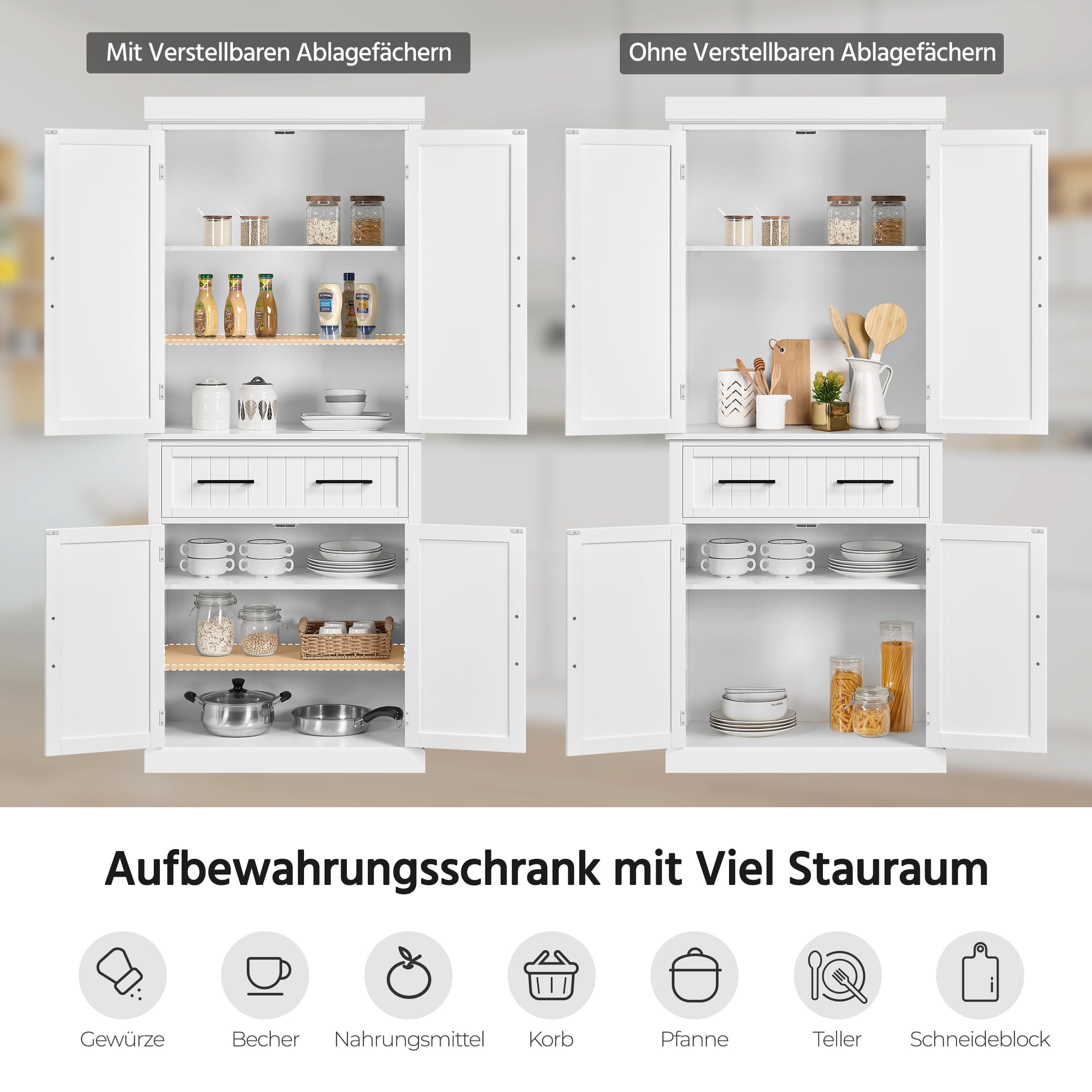Yaheetech 183,5 cm H Vorratsschrank, Küchenschrank mit Höhenverstellbaren Regalbretter & 2 Schublade, Mehrzweck-Haushaltsschrank Buffetschrank für Esszimmer Groß, Weiß
