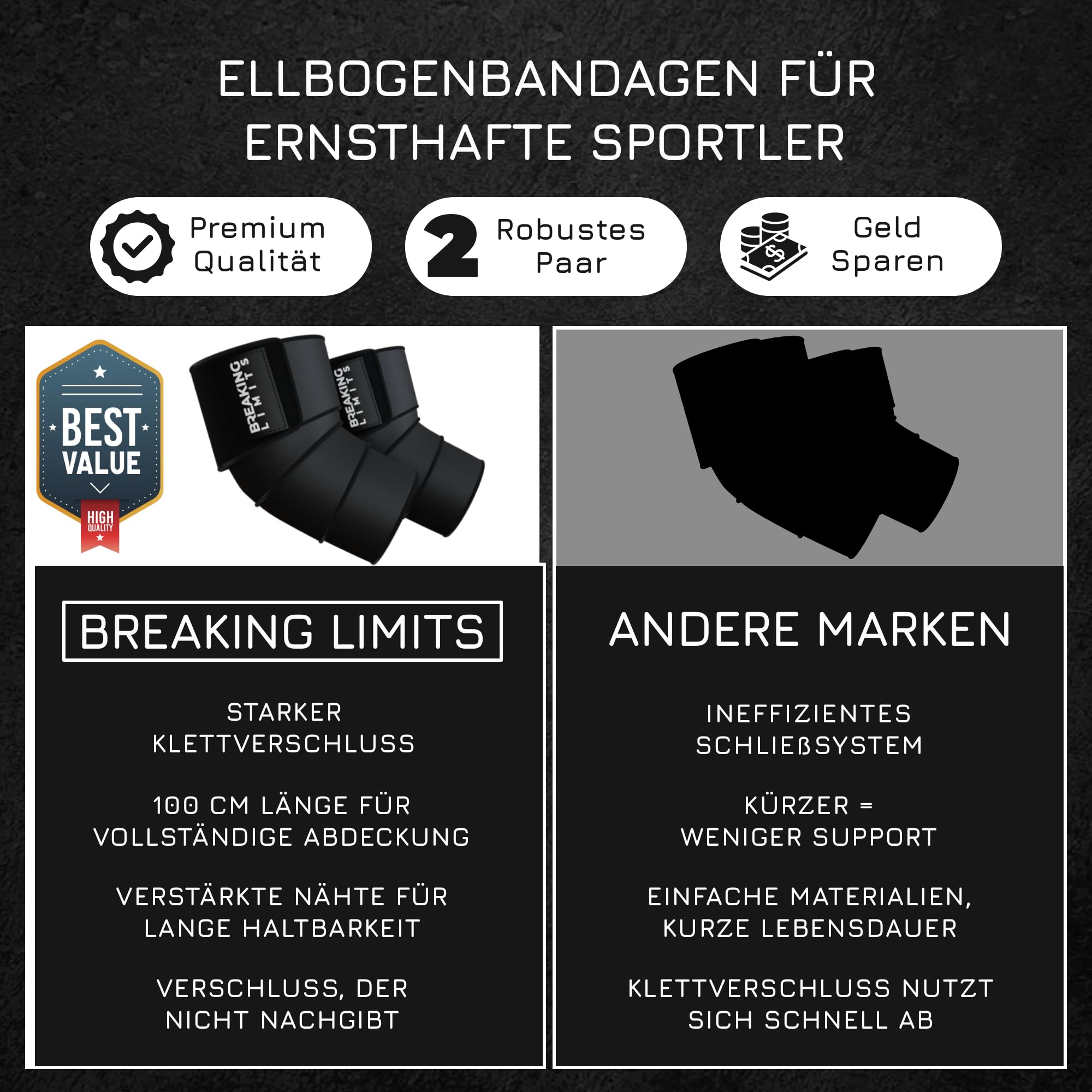 BREAKING LIMITS Ellbogen Bandage Gym - Ellenbogenbandage Kraftsport – Ellenbogenbandagen für Gewichtheben, Bodybuilding, Powerlifting, Bankdrücken & Fitness (1 Paar)