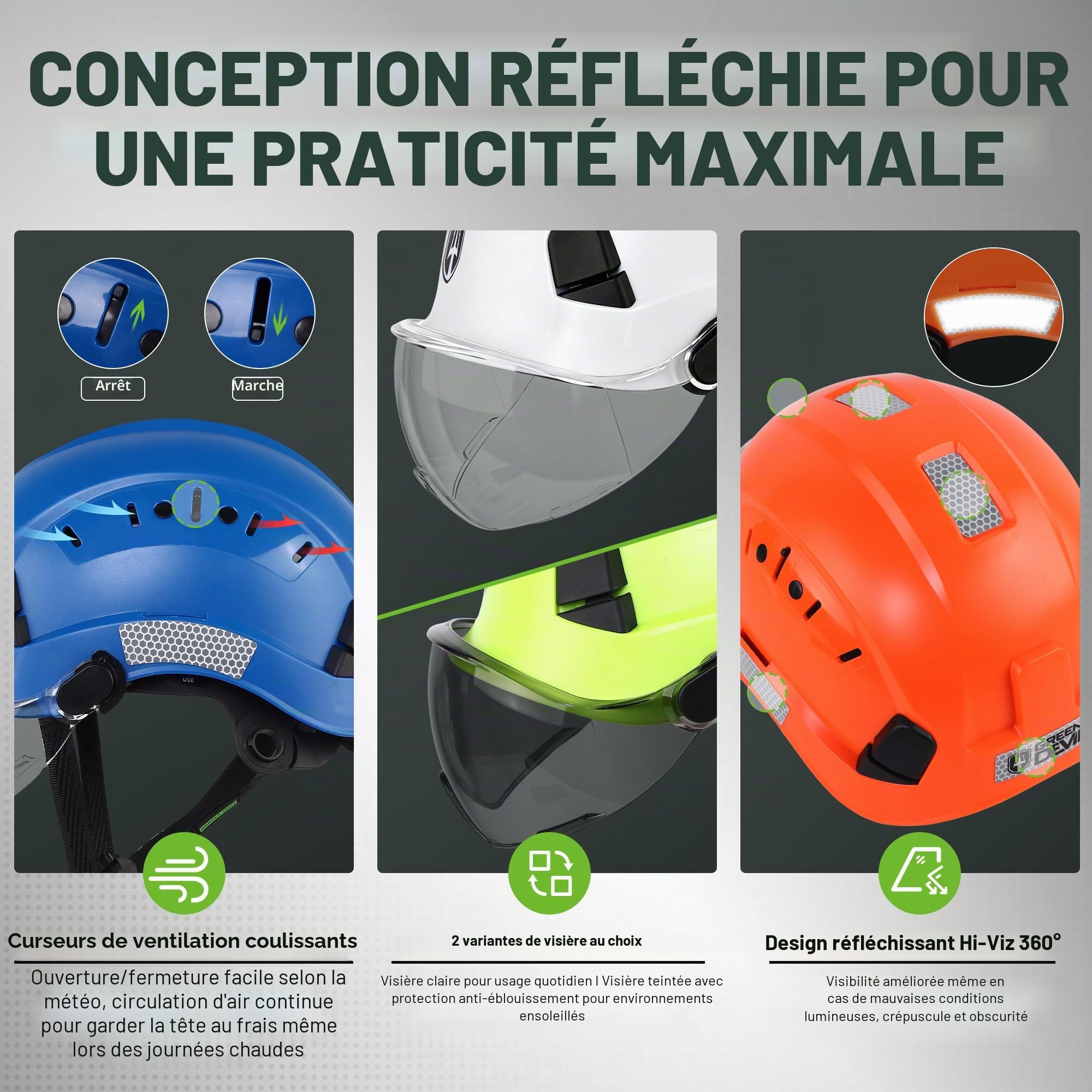 GREEN DEVIL Casque de Protection de Travail avec visière Transparente et Protection auditive - Casque de sécurité ABS réglable - Casque de sécurité ventilé avec Casque Industriel en 397 (Noir)