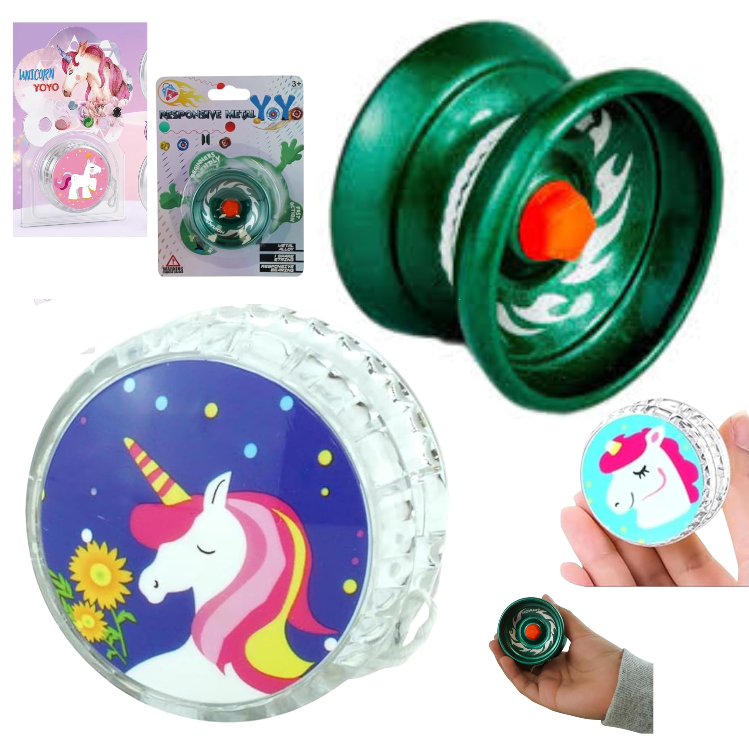Kids Yo-Yo Set 2 Pack – Green Metal High Performance YoYo & White Unicorn LED Light Up YoYo, Responsive Beginner Toy, Outdoor Indoor Play, Christmas Birthday Gift for Boys Girls