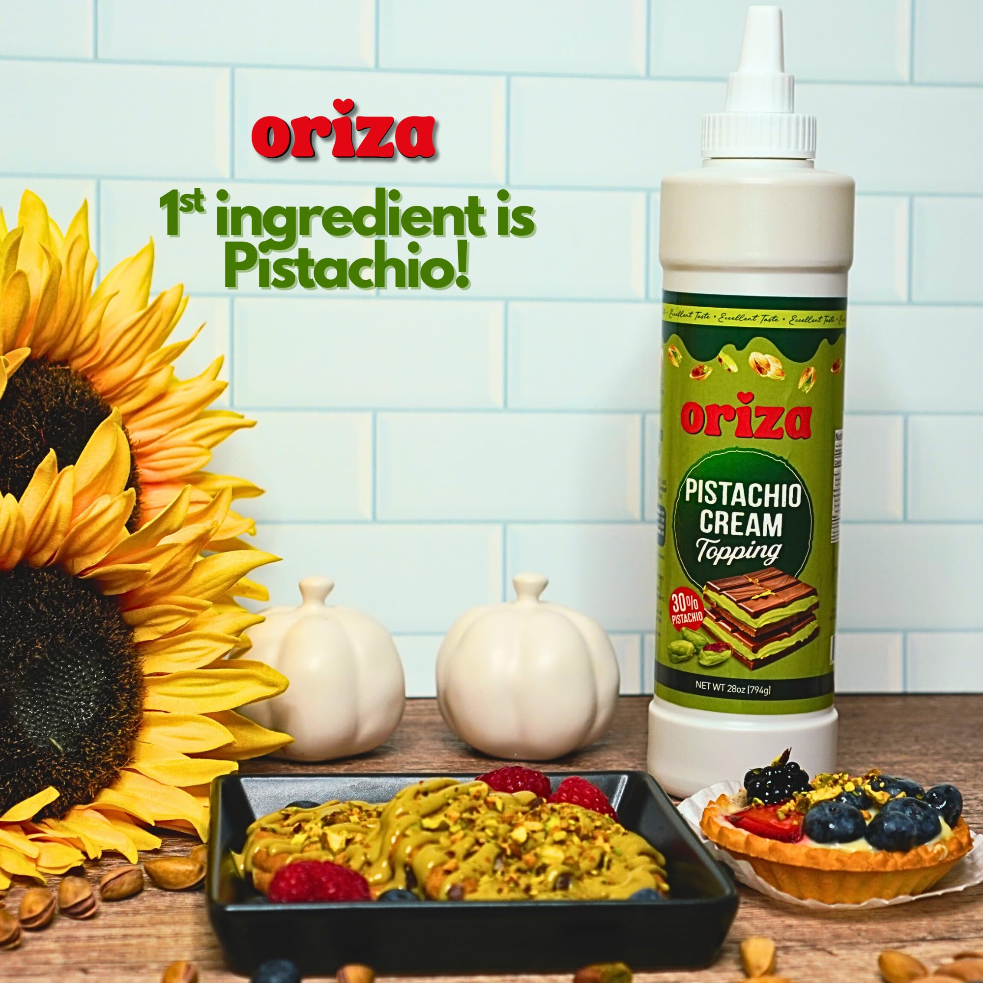 Oriza Pistachio Cream Topping 28oz 800g Bottle Pack of 24 Bulk Pistachio Spread with 30 Pistachios Palm Oil — view 3