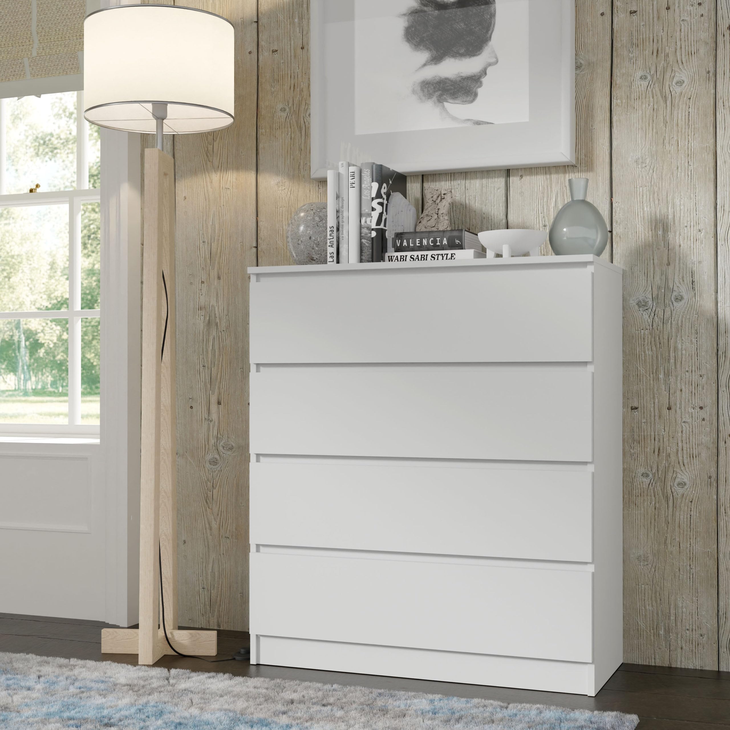 Homlando Cassettiera senza maniglie, cassettiera con 4 cassetti, stabile soggiorno, camera da letto o ufficio, Maia, 40 x 90 x 104 cm, bianco opaco