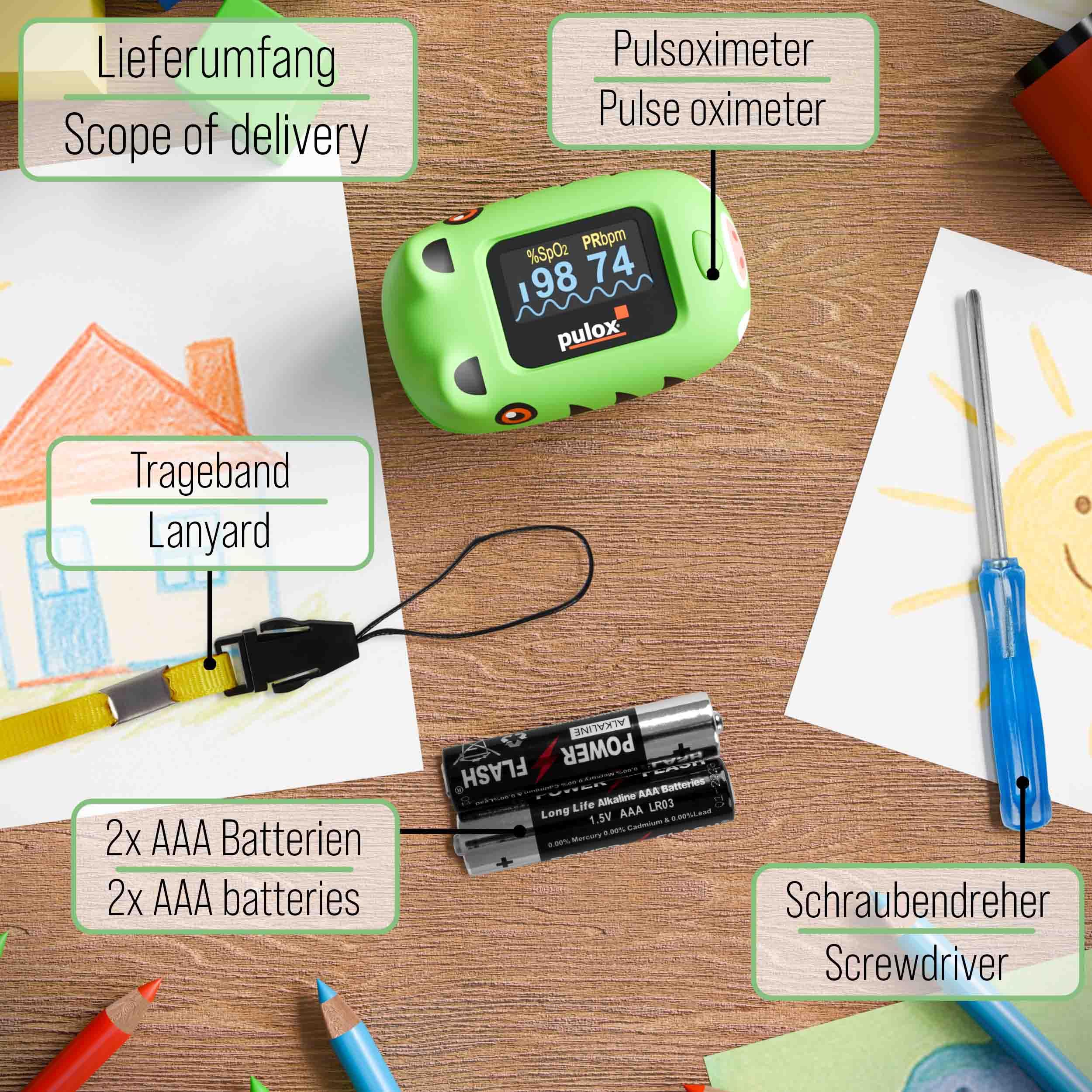 Pulox PO-230 Kinder Pulsoximeter Grün zur Messung von SpO2 und Puls | Misst Sauerstoffsättigung und Herzfrequenz in wenigen Sekunden, inklusive Sticker zum individuellen Bekleben und Gestalten