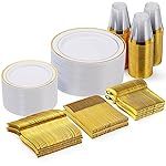 Goodluck 300 Pieces Gold Disposable Plates for 50 Guests, Plastic Plates for Party, Wedding, Dinnerware Set of 50 Dinner Plates, 50 Salad Plates, 50 Spoons, 50 Forks, 50 Knives, 50 Cups