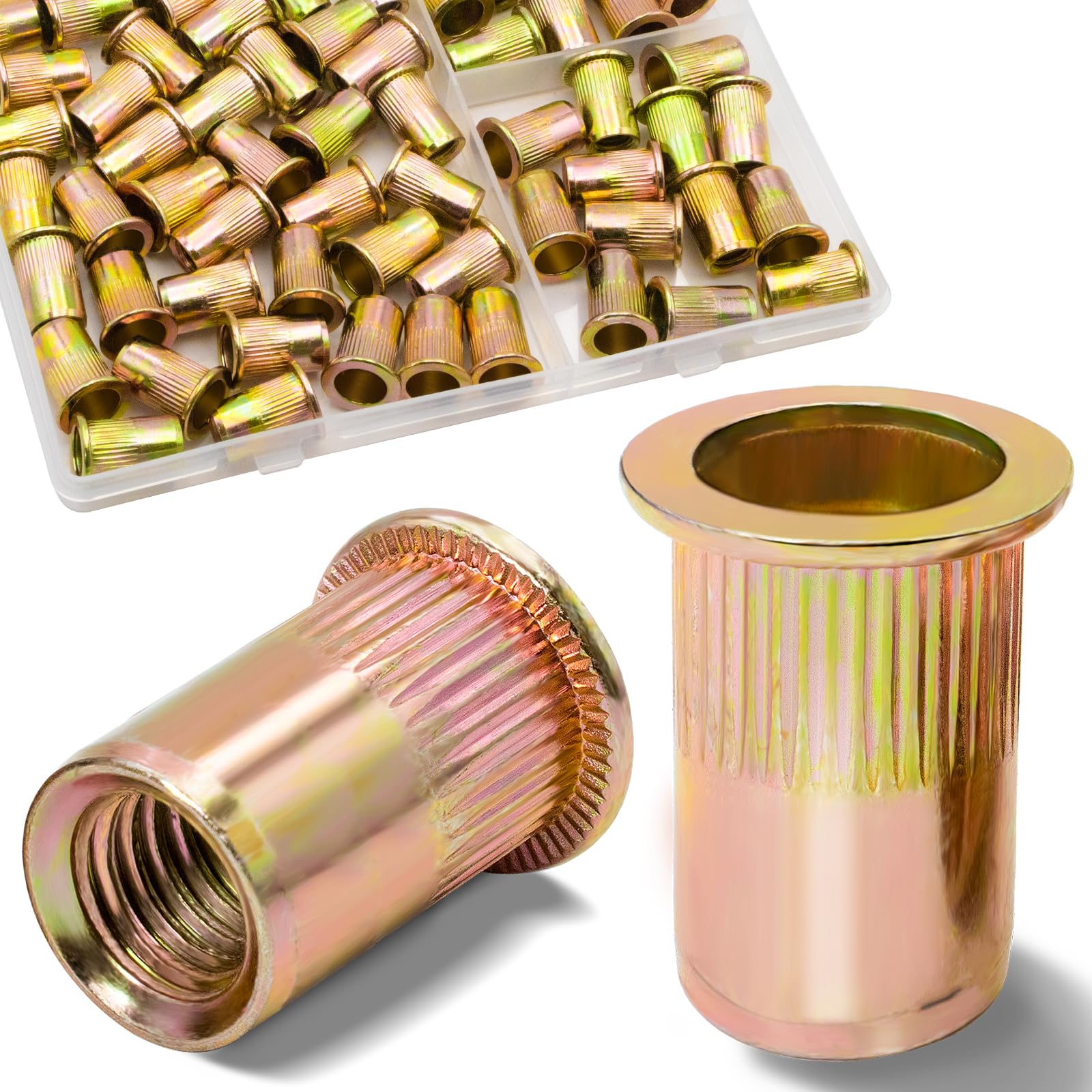 Vifmy 5/16"-18 UNC Rivet Nut, 60Pcs Zinc Plated Finish Carbon Steel Flat Head Threaded Insert Nutsert Kit