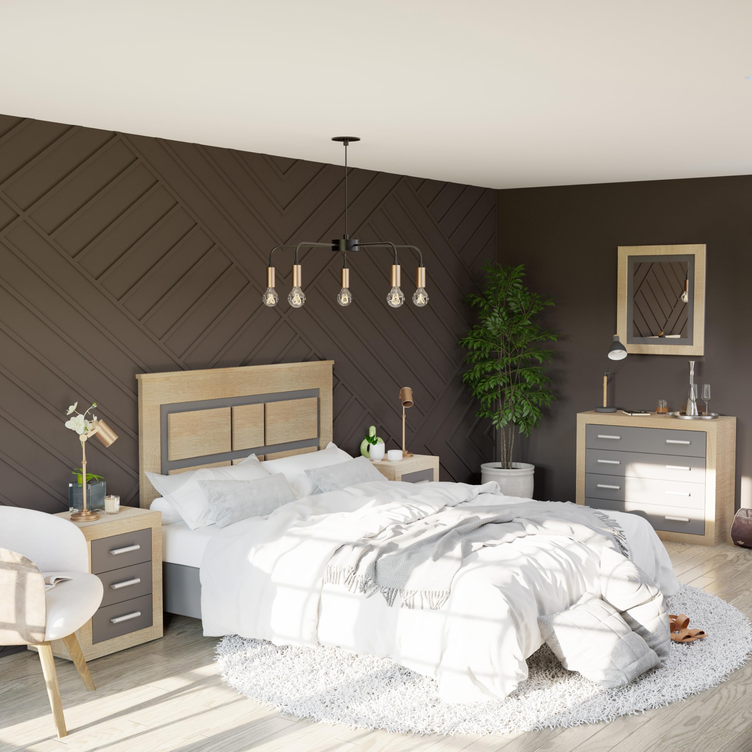 duehome | Conjunto de Dormitorio Kira 4c - Cabecero + 2 Mesitas de Noche + Comoda y Espejo, Acabado en Cambria y Grafito