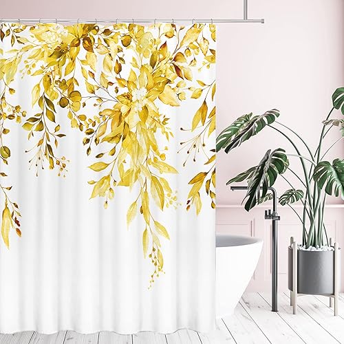 Vista 399 de Tititex - Juego de cortinas de ducha de eucalipto verde oliva, hojas de acuarela en la parte superior con decoración floral de baño, 60 x 72 Hojas