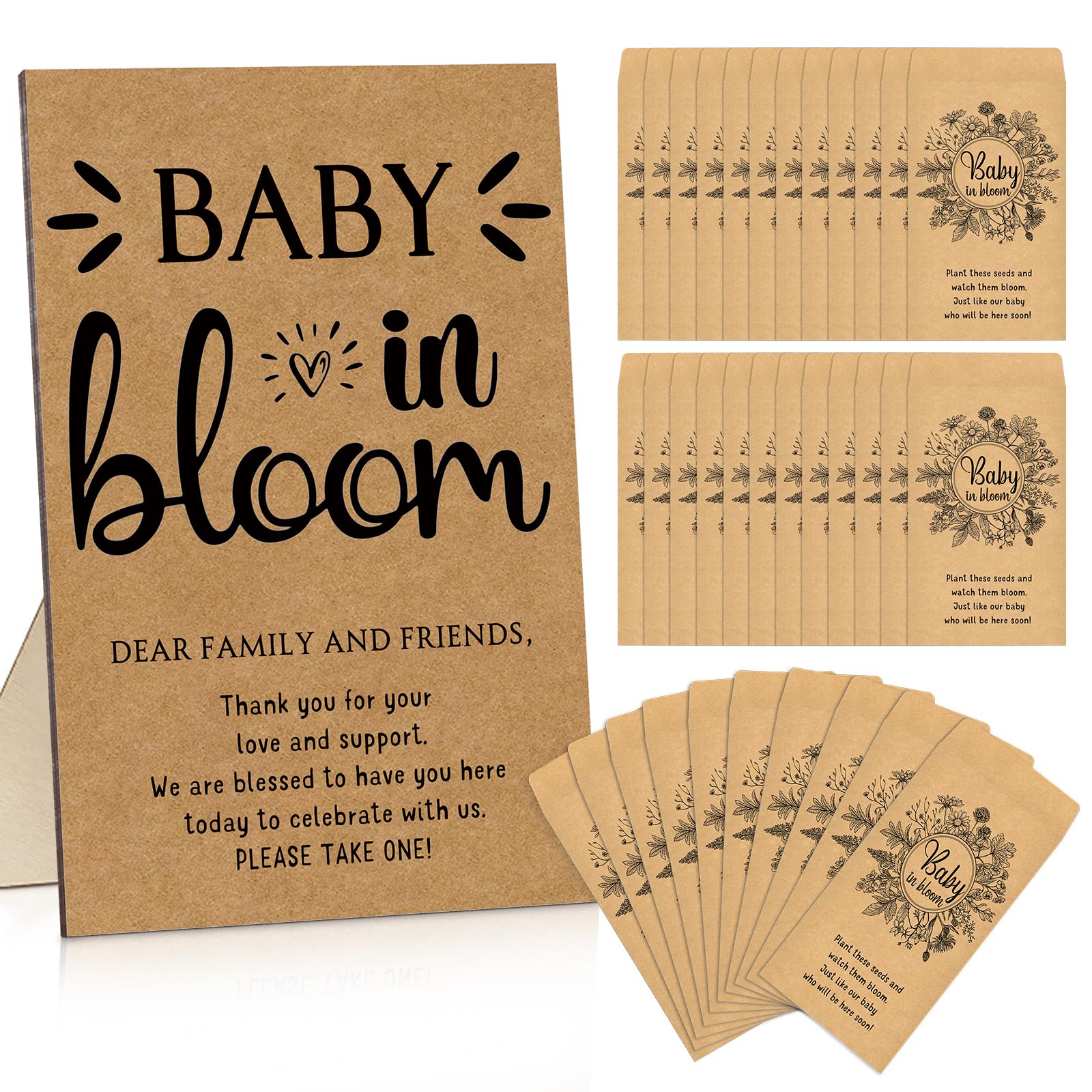 Maitys 100 Pcs Baby Shower Seed Packets Favors for Guests Baby in Bloom Wooden Sign Self Adhesive Envelopes Packet Storage Decor, No Seeds(Retro Wildflower)