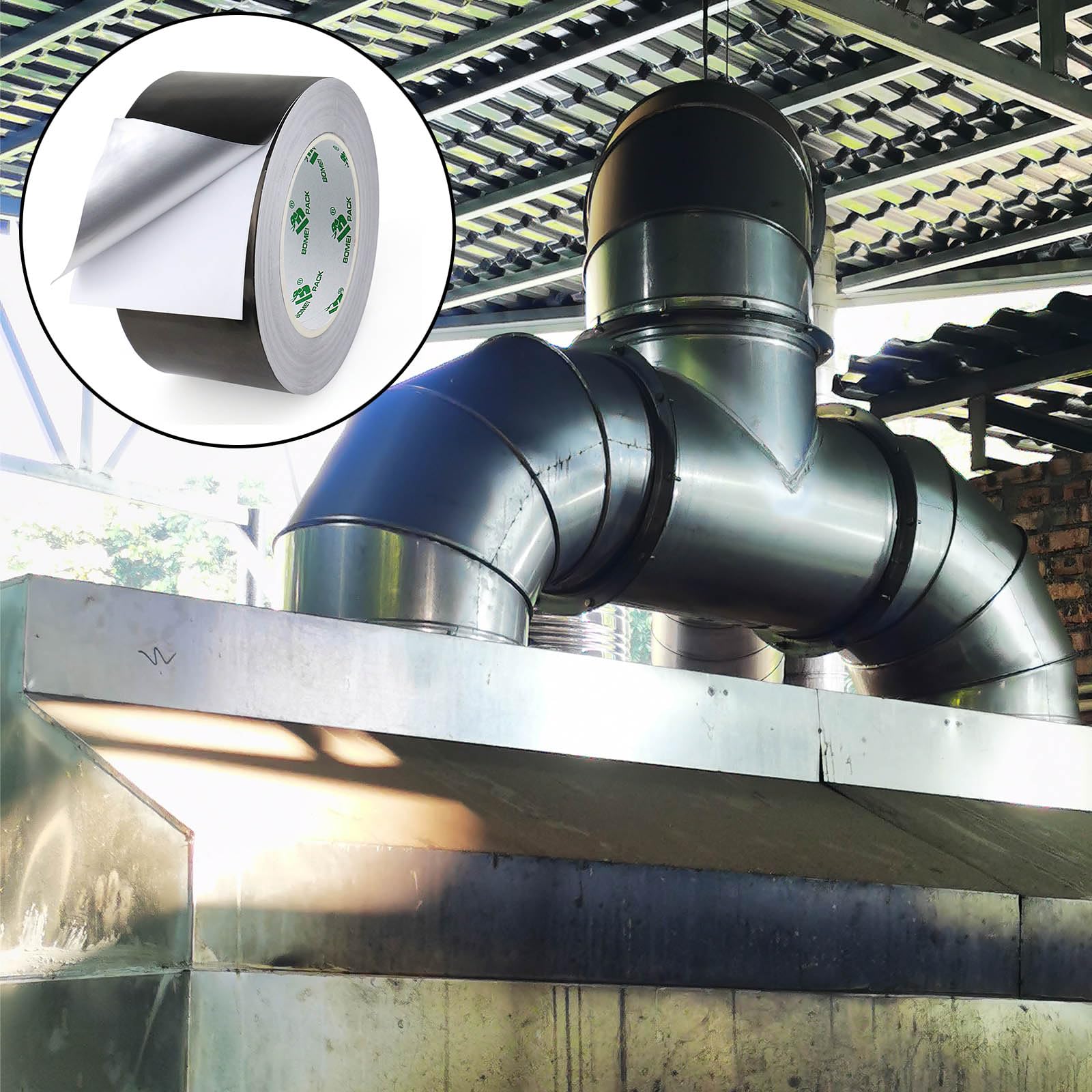 BOMEI PACK 50mmx50m Negro Cinta adhesiva de aluminio aislante térmico - Rollo de aluminio adhesivo de alta temperatura de reparaci ón - Cinta de Aluminio para Sellar Sistemas