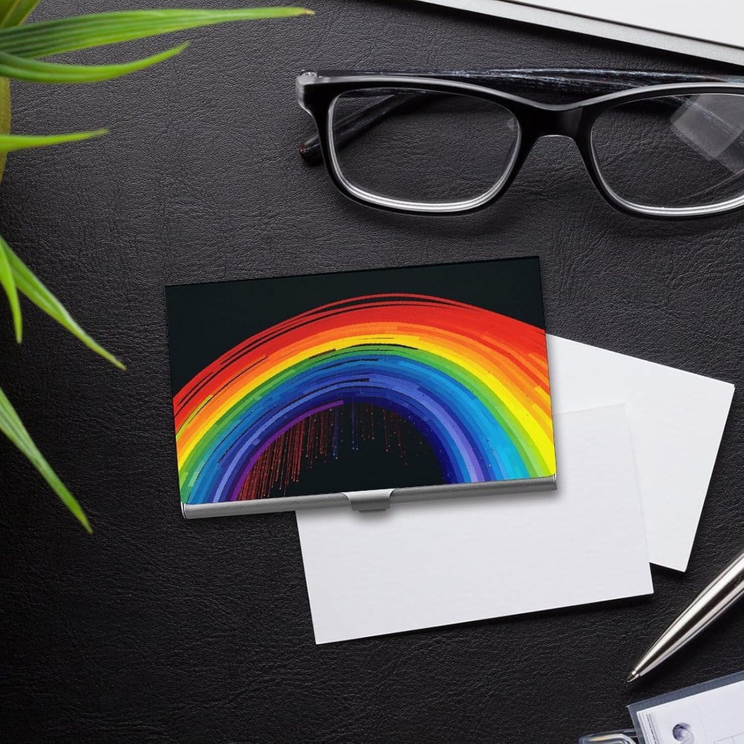 Rainbow Business Card Holder Aluminum Alloy Compact Card Case Flip Cover Slim Pocket Fashionable Cards Box Slim Purse Name Cards Organizer for Men & Women