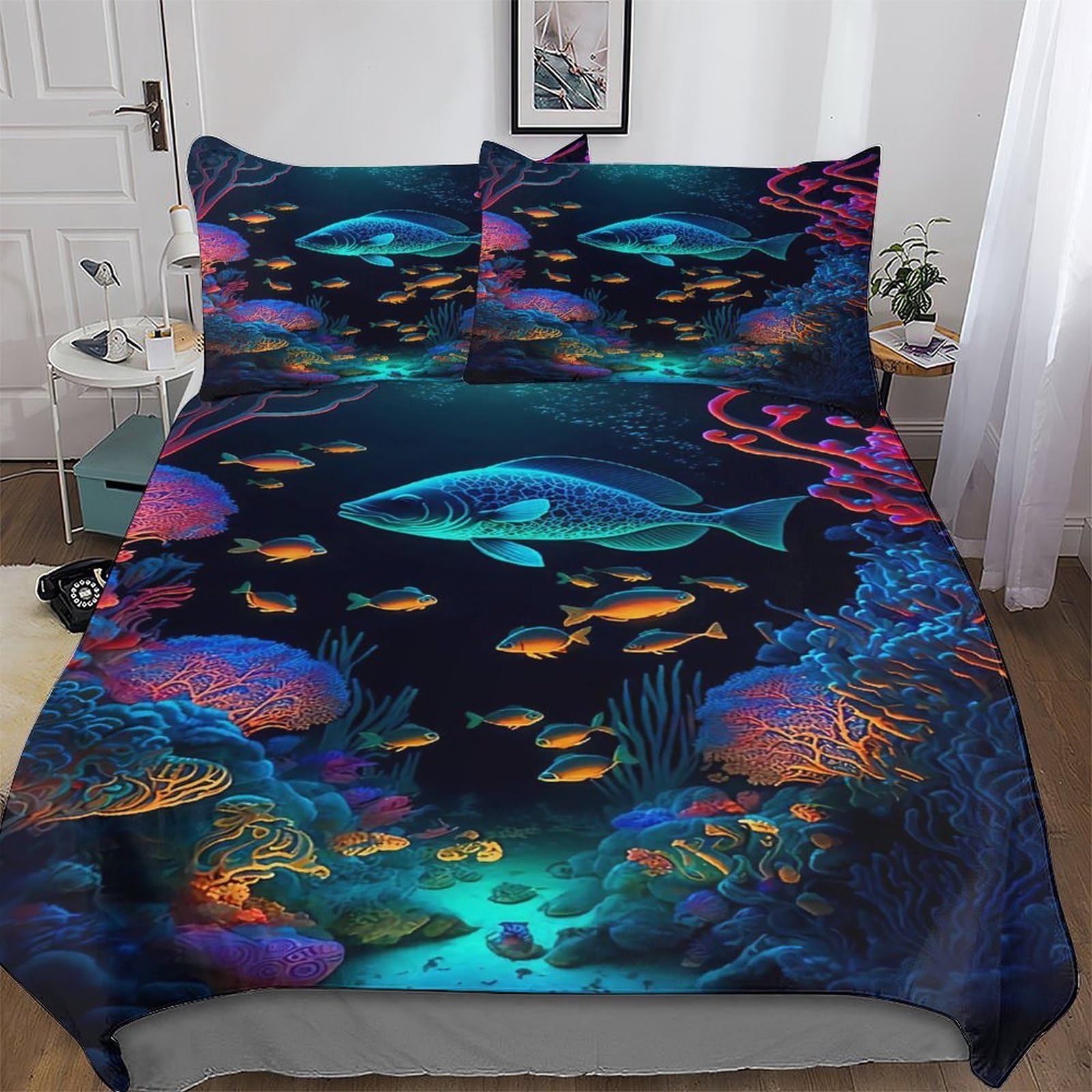 Parure de lit poisson King Size抗褪色微纤维儿童被套三件套