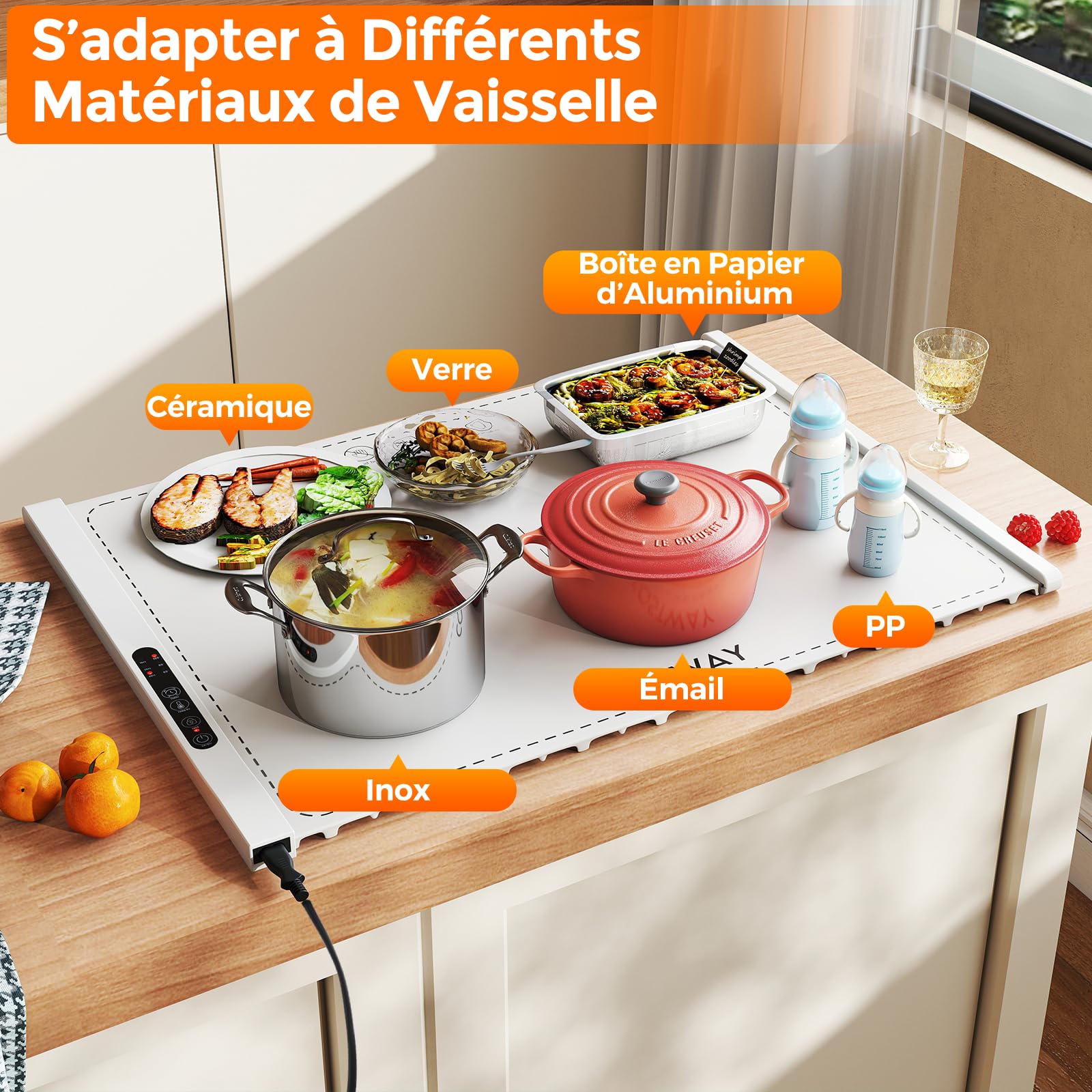 COSTWAY Chauffe Plat Électrique Pliable, Tapis Chauffant en Silicone pour Aliments, Plateau Chauffant Portable avec Température et Minuterie Réglables, pour Fêtes, Buffets, Réunions (Blanc)